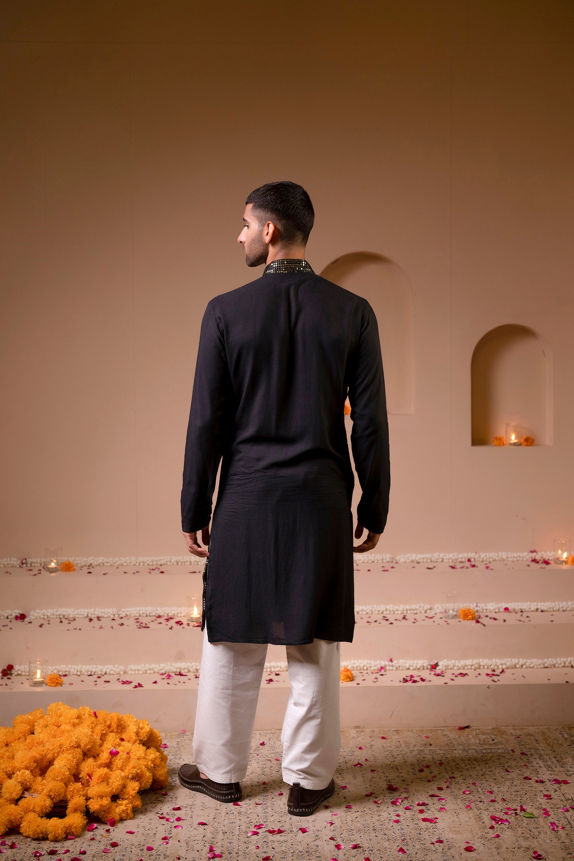 Firangi Yarn Chikan & Heavy Blingy Sequin Work Cotton Kurta For Men Black