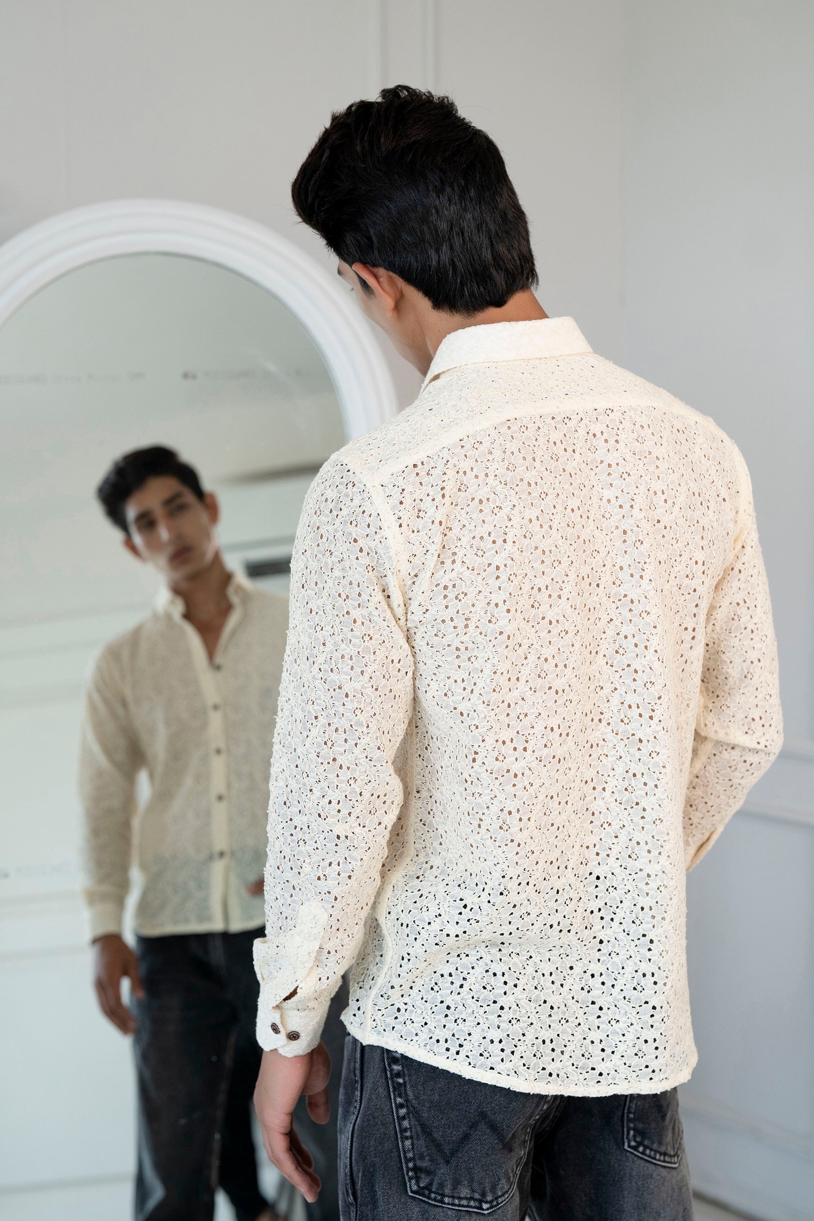 Firangi Yarn Crochet Cotton Off White Ivory Lace Shirt For Men - Full Sleeves