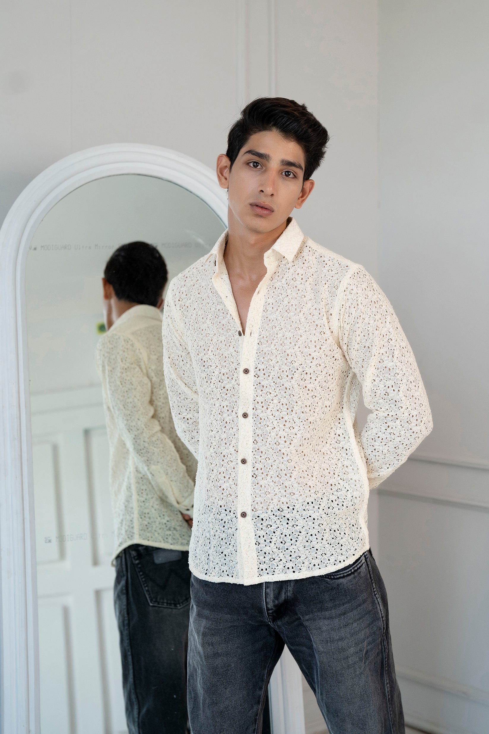 Buy White Crochet Cotton Half Sleeves Print Shirt Online