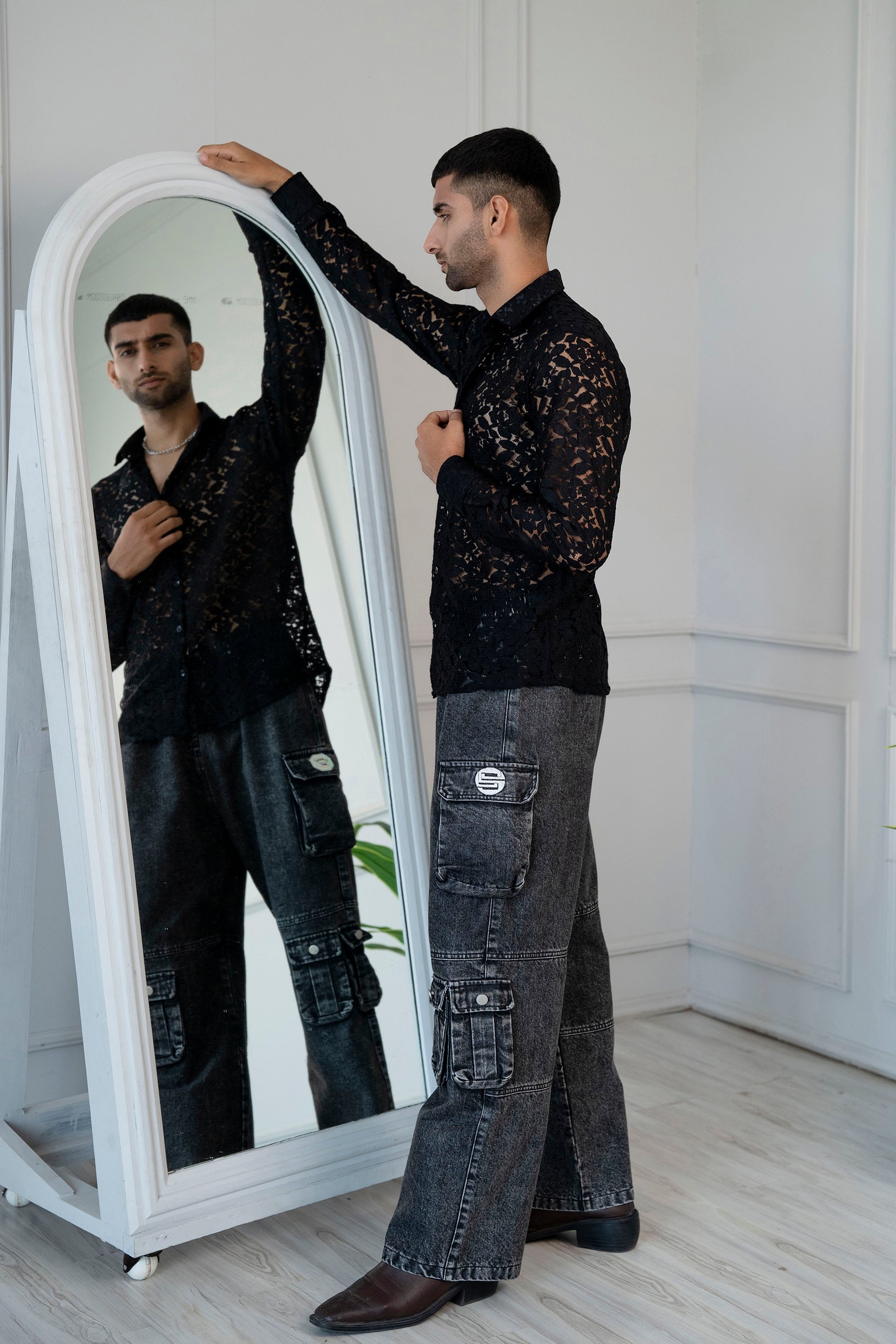 Firangi Yarn Crochet Cotton Black Lace Shirt For Men - Full Sleeves
