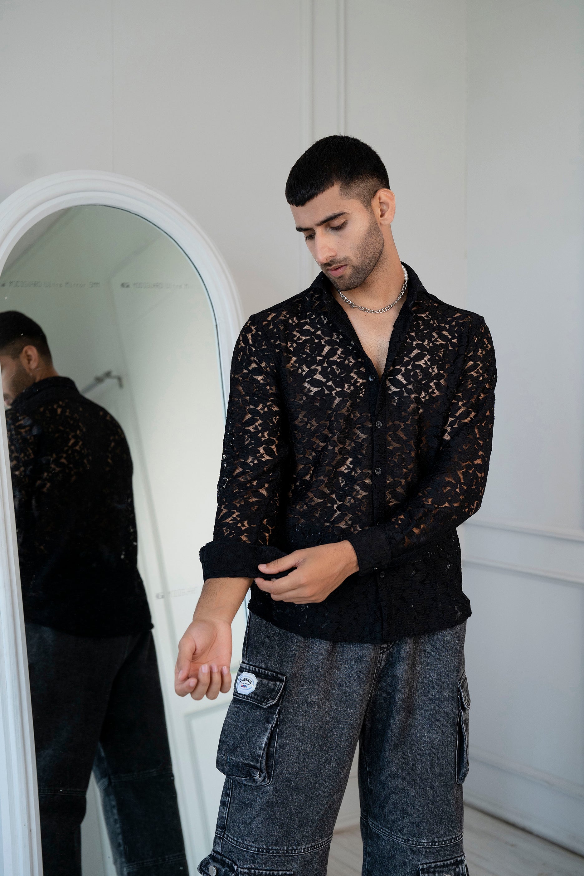 Firangi Yarn Crochet Cotton Black Lace Shirt For Men - Full Sleeves