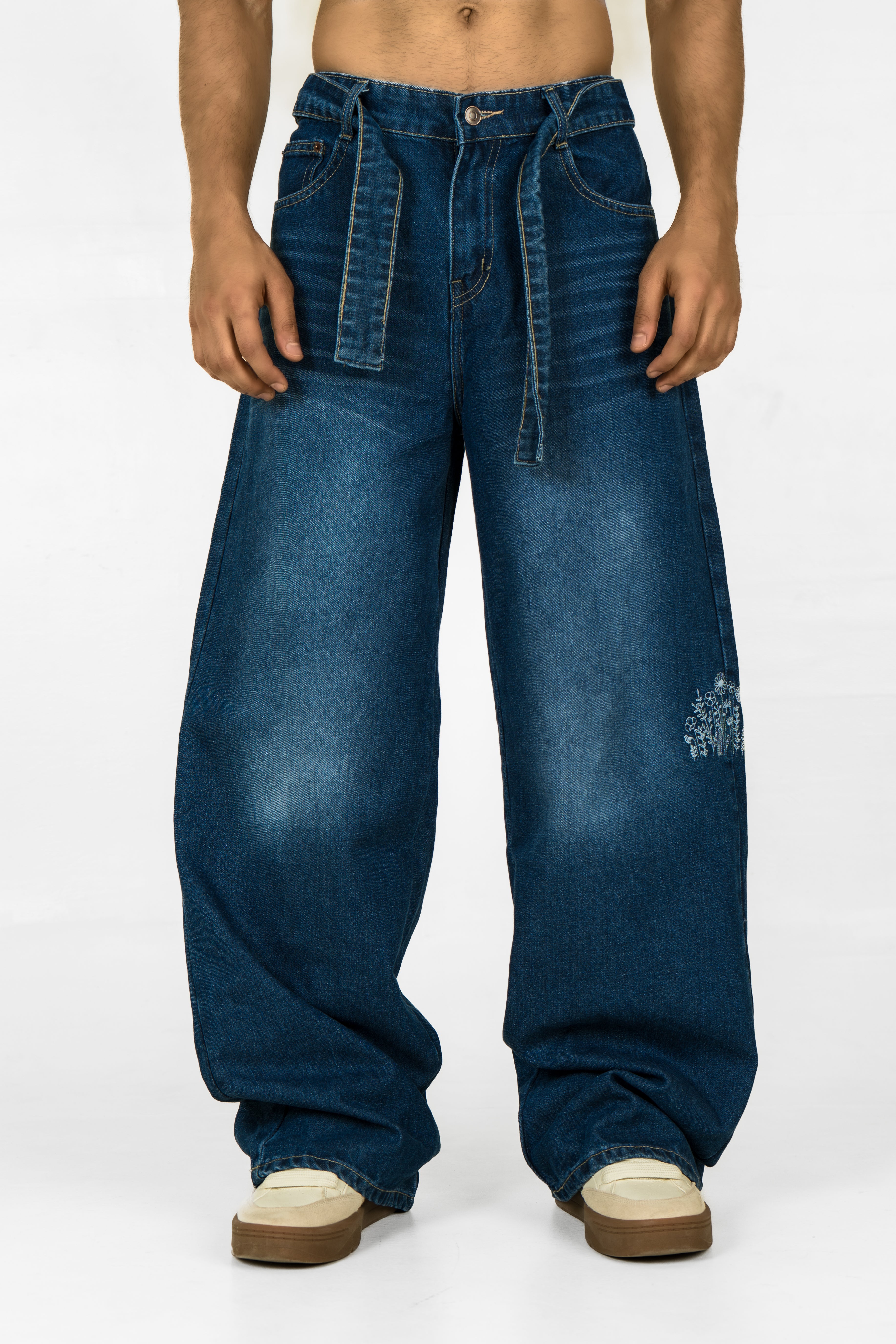 Firangi Yarn Blue Botanik Verge Belted Wide-Leg Jeans