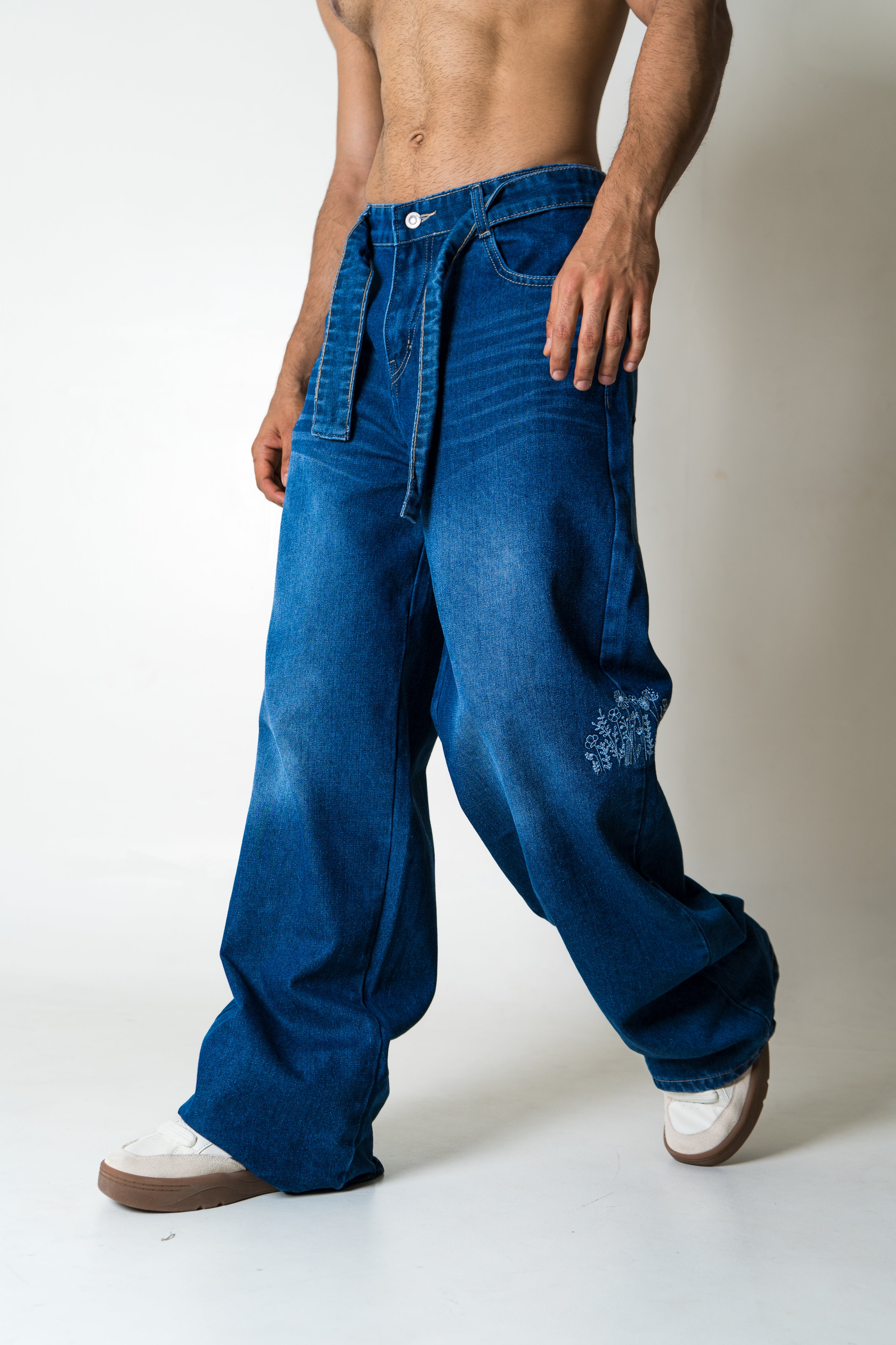 Firangi Yarn Blue Botanik Verge Belted Wide-Leg Jeans