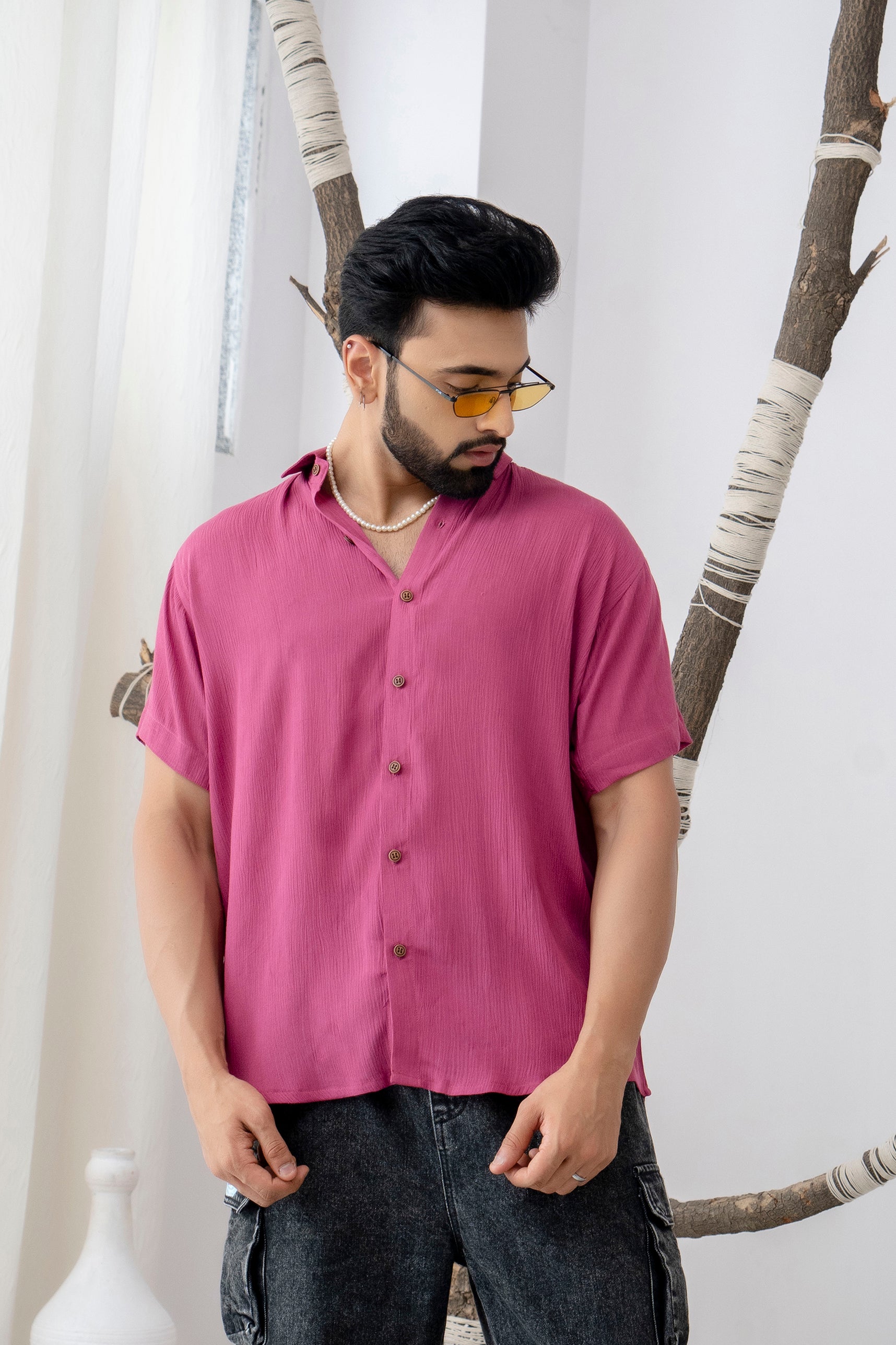 Firangi Yarn Relaxed Fit Solid Super Flowy Re-engineered Cotton- Half Sleeves Party Shirt Cranberry Pink