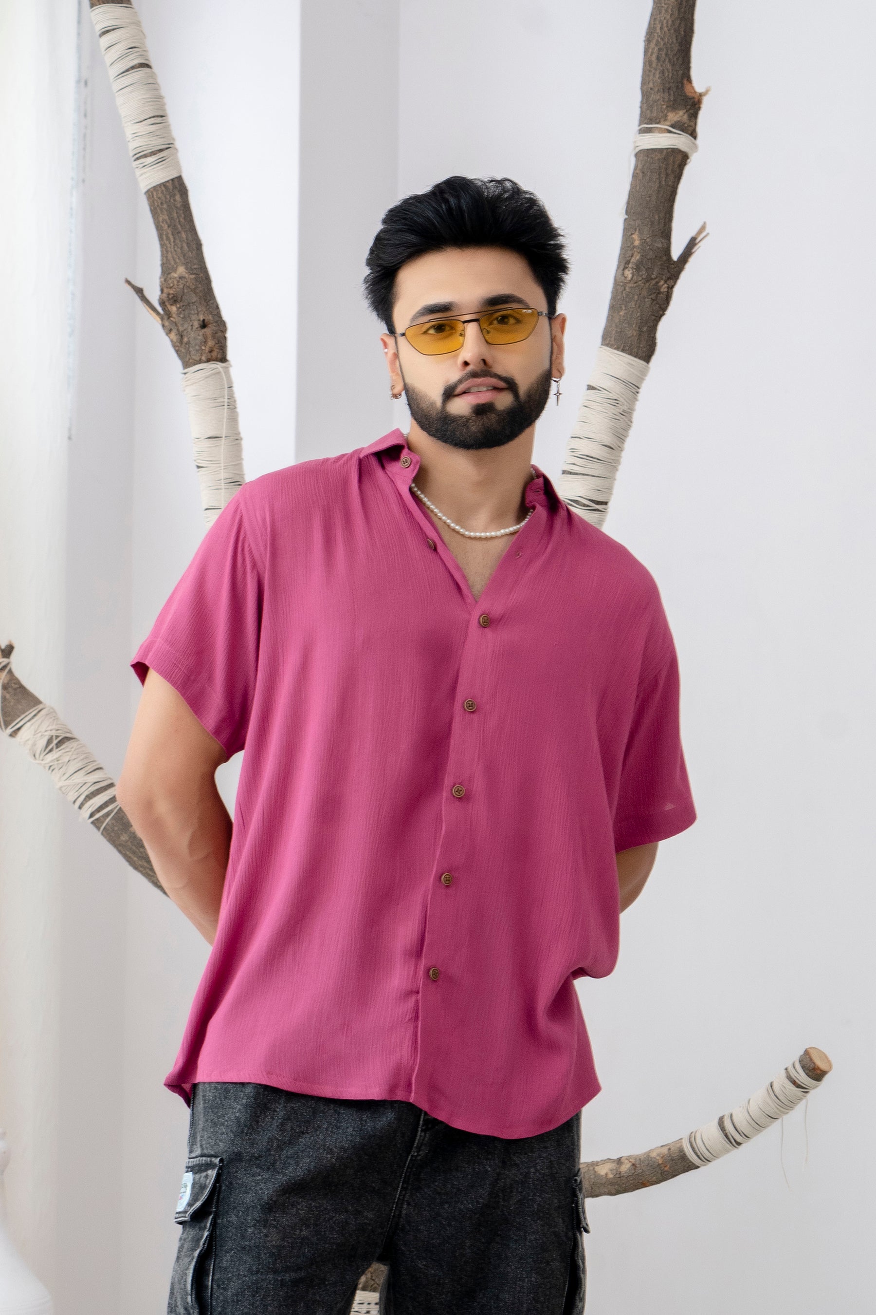 Firangi Yarn Relaxed Fit Solid Super Flowy Re-engineered Cotton- Half Sleeves Party Shirt Cranberry Pink