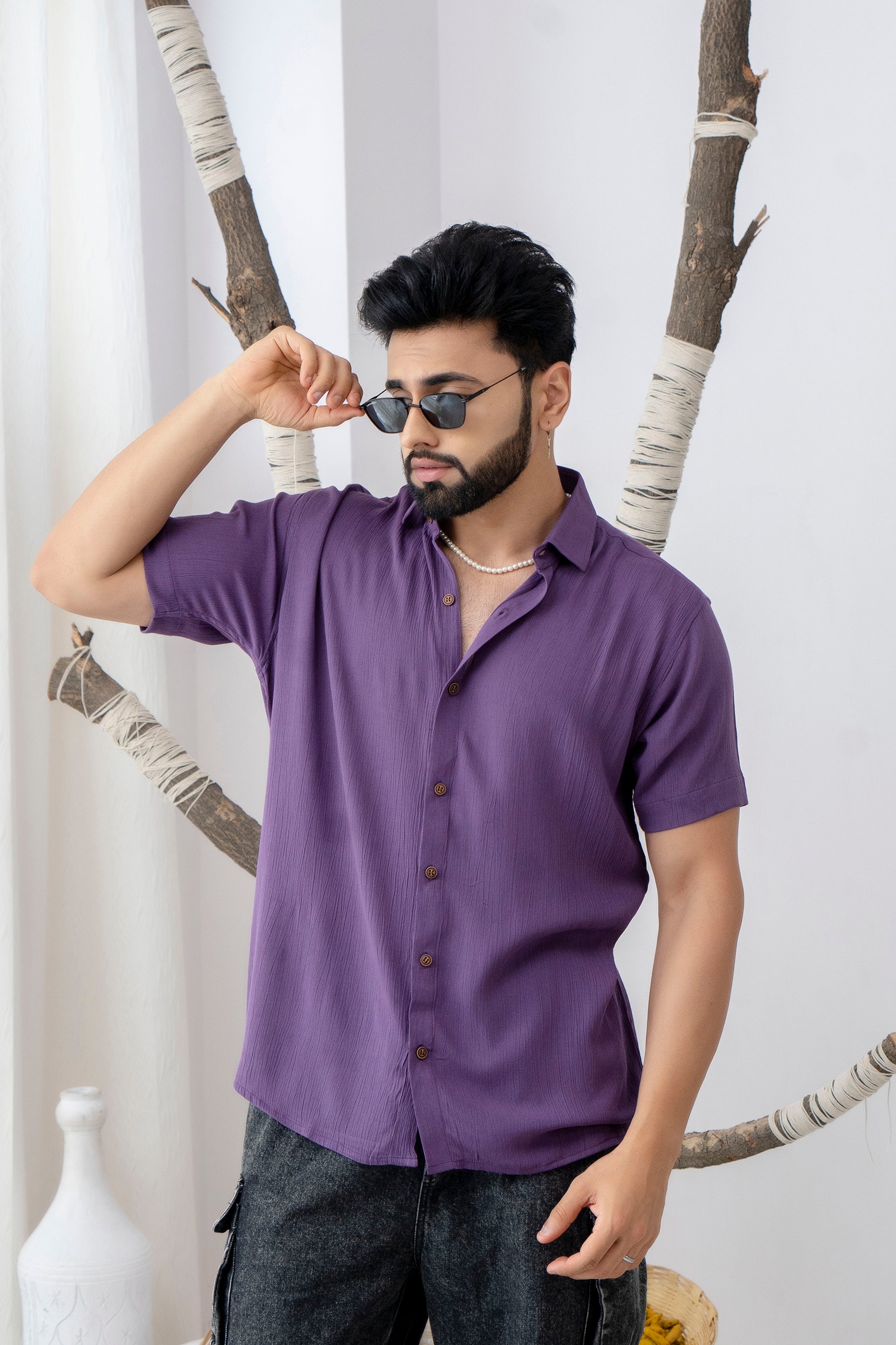 Firangi Yarn Relaxed Fit Solid Super Flowy Re-engineered Cotton- Half Sleeves Party Shirt Jamun Purple