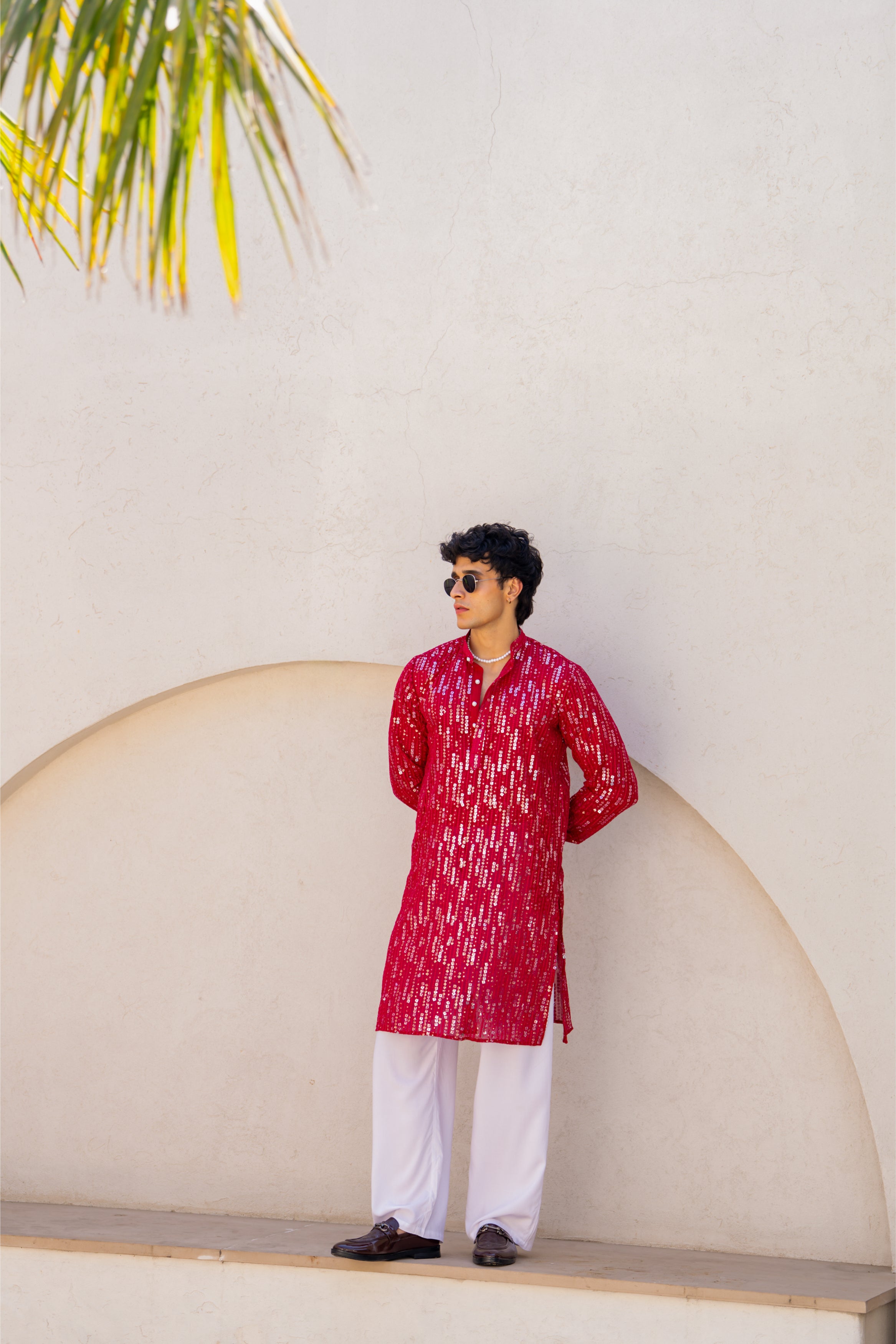Firangi Yarn Raja Pink Sheer Georgette Sequin Jaal Embroidered Men's Ethnic Festival & Wedding Kurta 2026