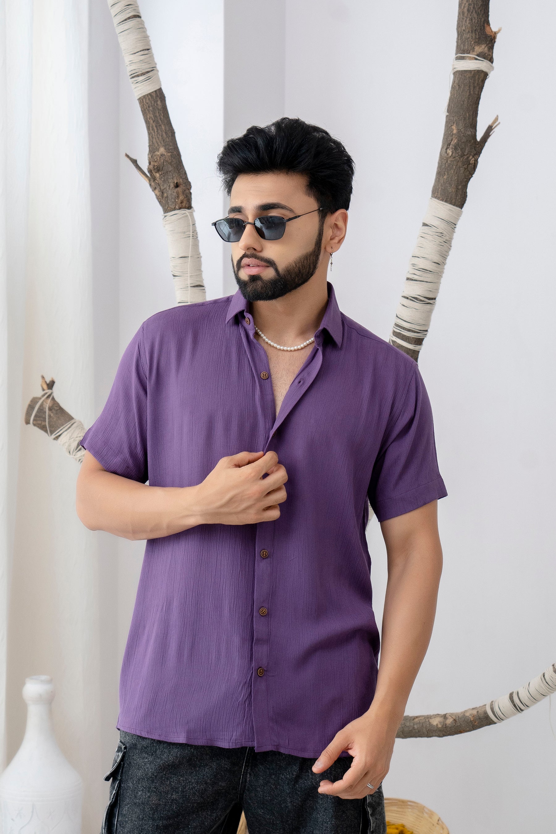 Firangi Yarn Relaxed Fit Solid Super Flowy Re-engineered Cotton- Half Sleeves Party Shirt Jamun Purple