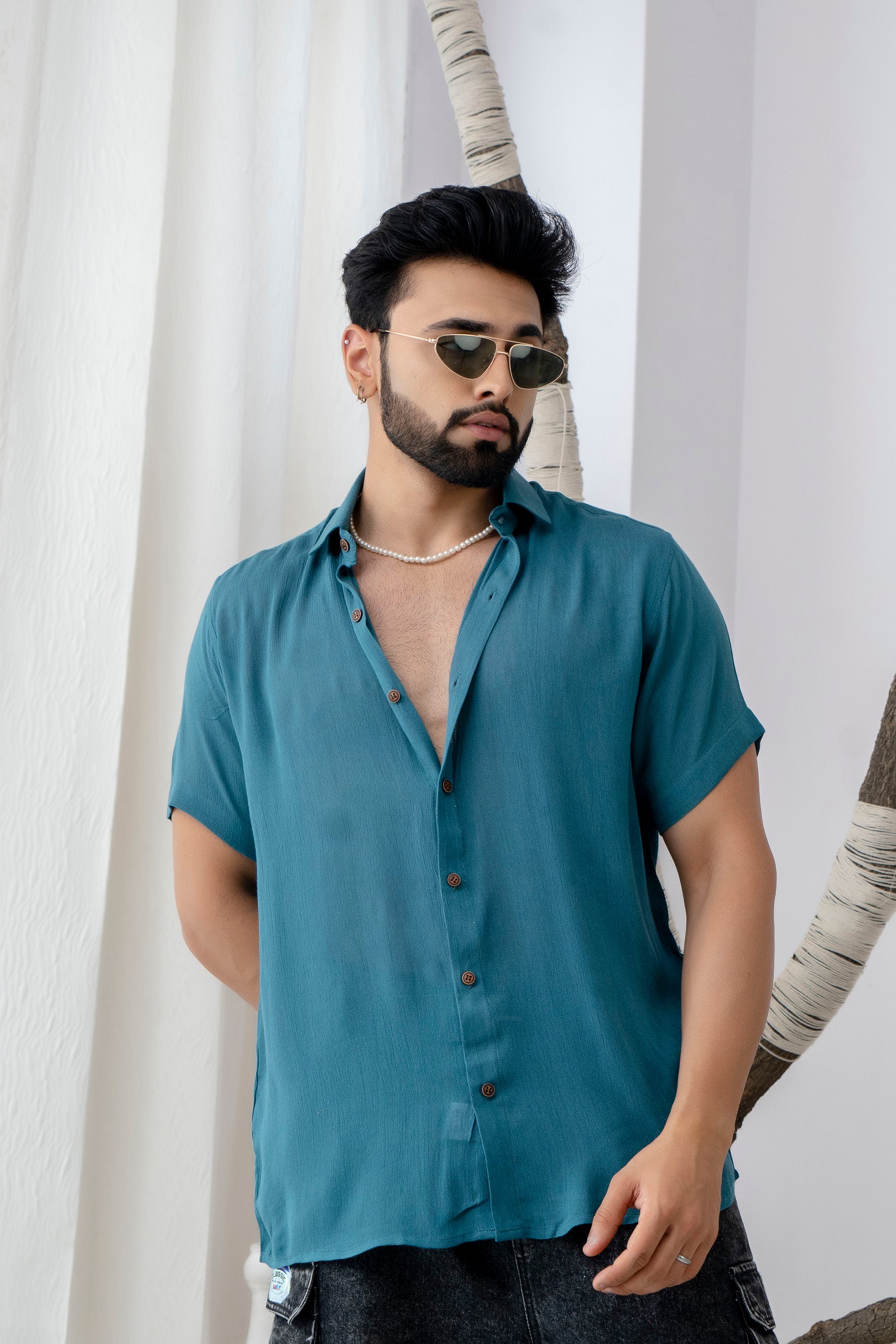 Firangi Yarn Relaxed Fit Solid Super Flowy Re-engineered Cotton- Half Sleeves Party Shirt Callicarpa Turquoise