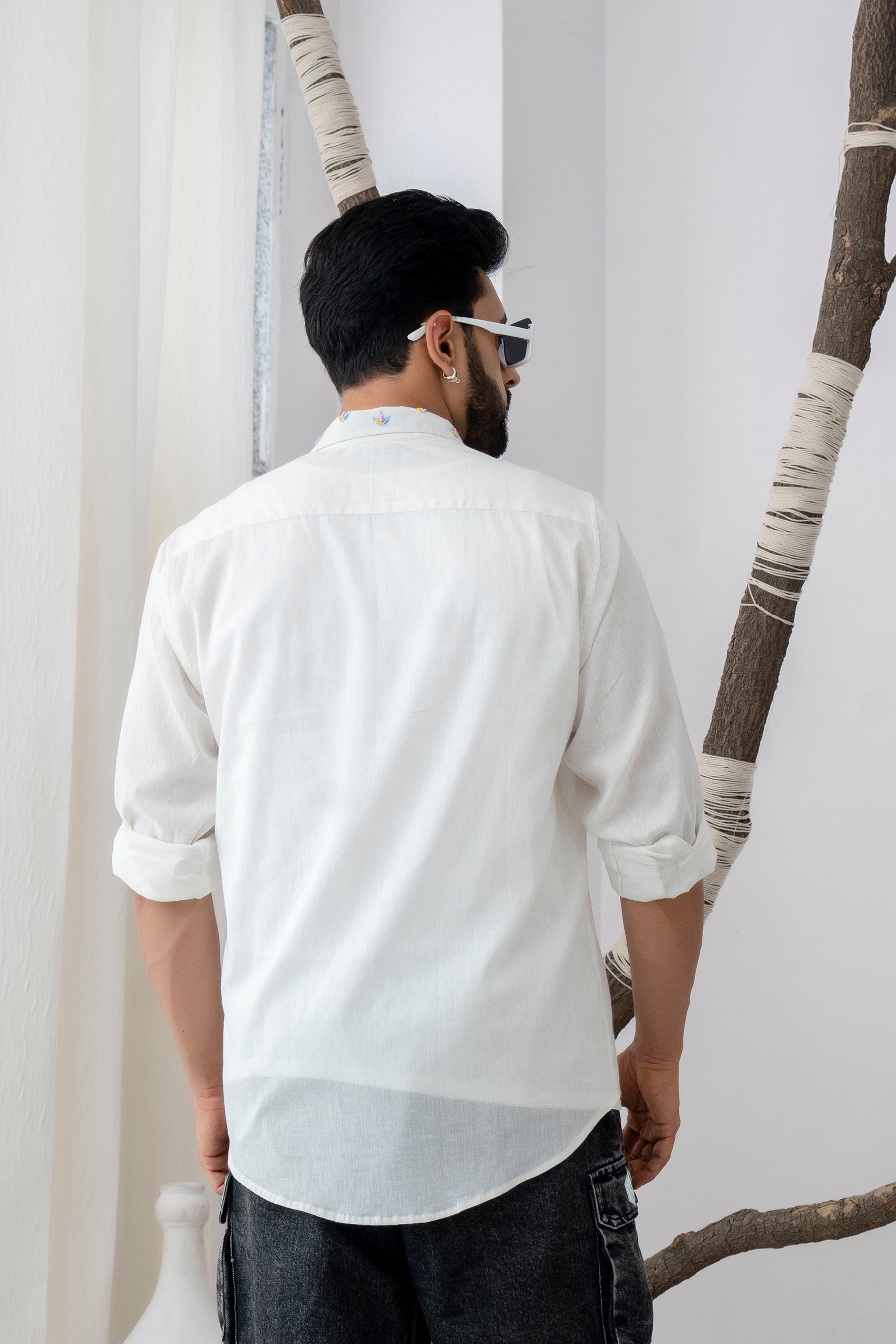 EMBROIDERY PATCH-WORK SHIRT/SHACKET/OVERSHIRT WHITE WITH CUBAN COLLAR(Dry clean only product)