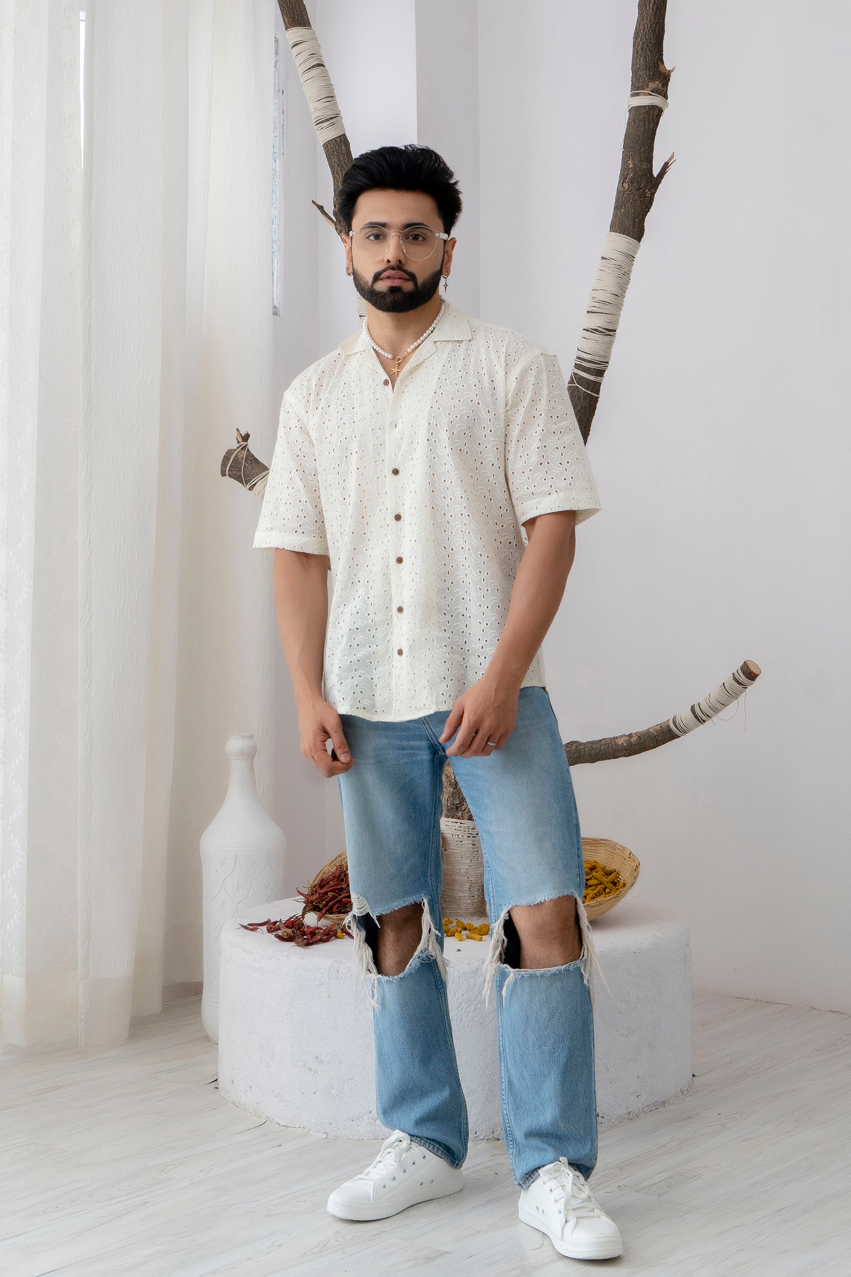 CUTWORK EMBROIDERY SHIRT OFF-WHITE WITH CAMP COLLAR
