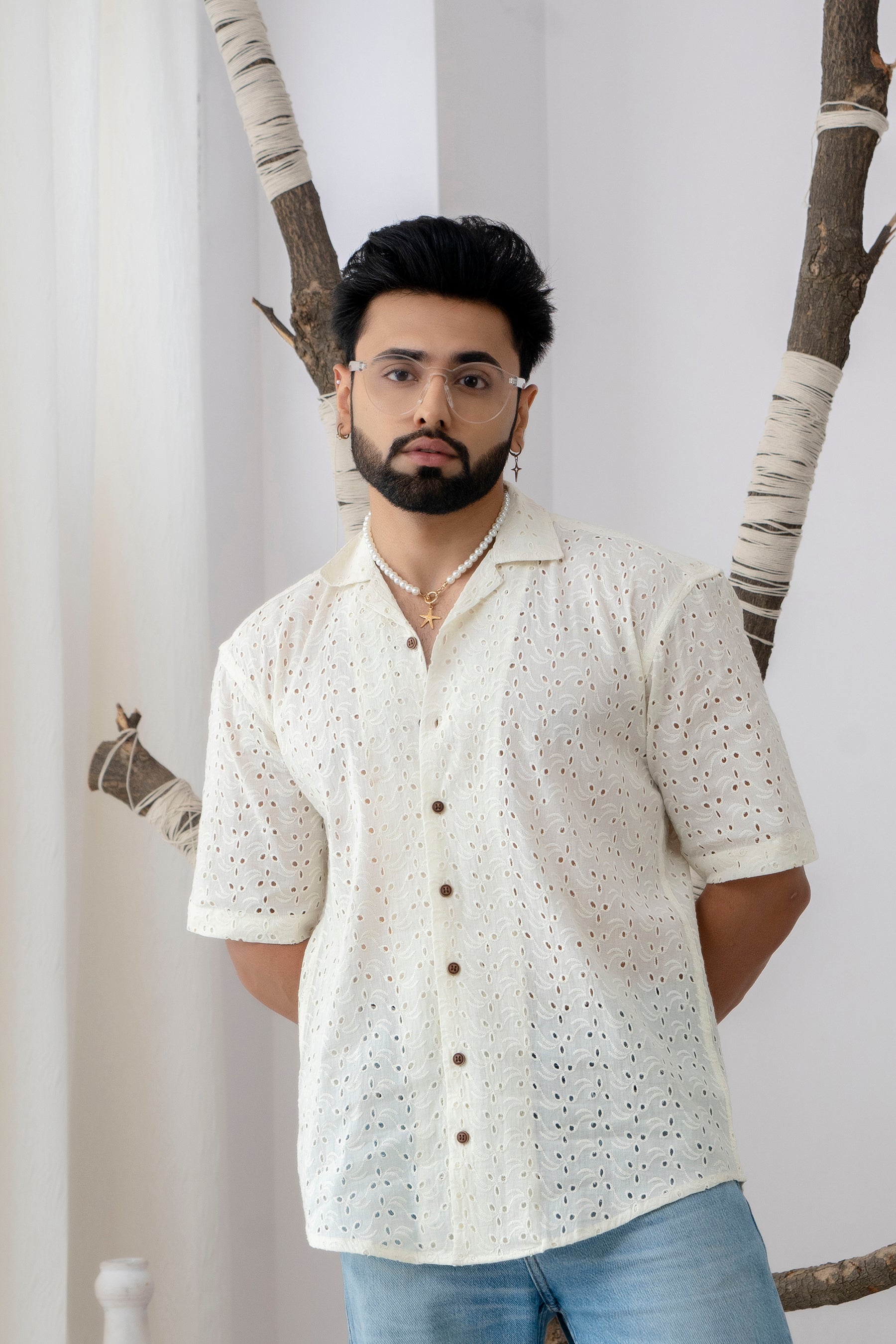 CUTWORK EMBROIDERY SHIRT OFF-WHITE WITH CAMP COLLAR