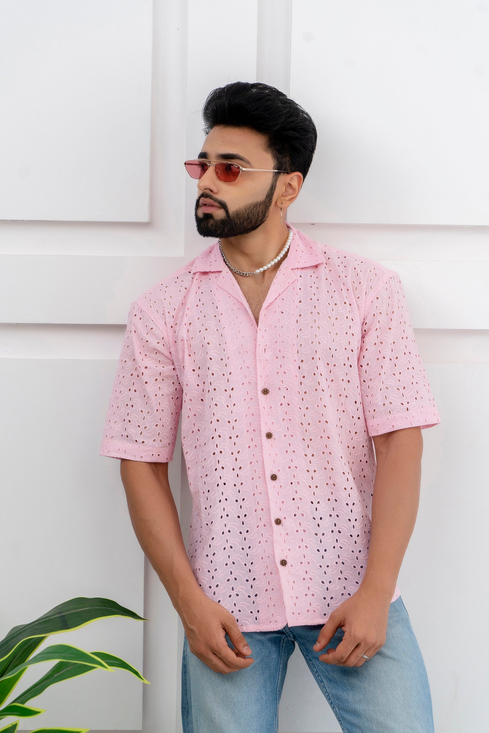 CUTWORK EMBROIDERY SHIRT PINK WITH CAMP COLLAR