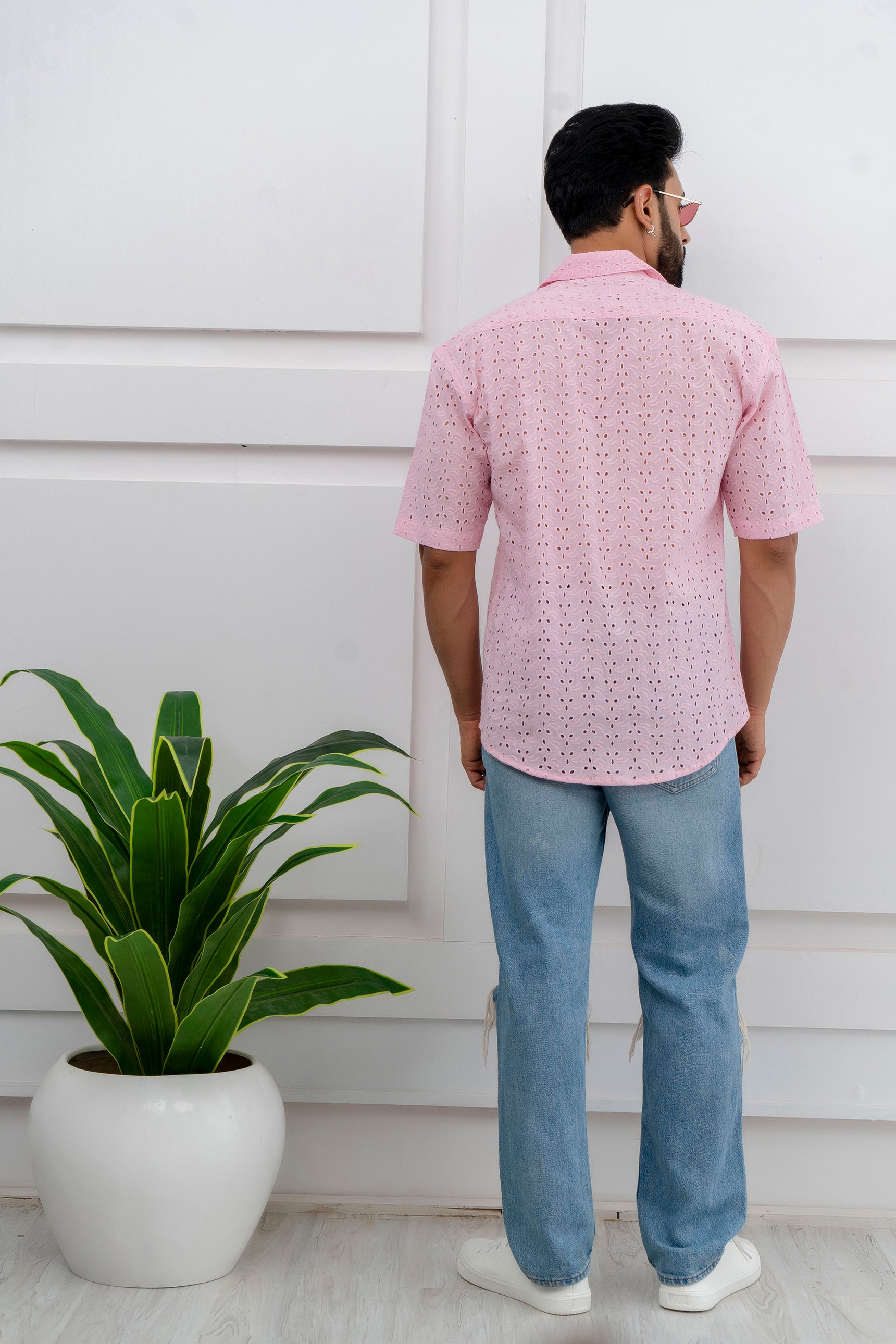 CUTWORK EMBROIDERY SHIRT PINK WITH CAMP COLLAR