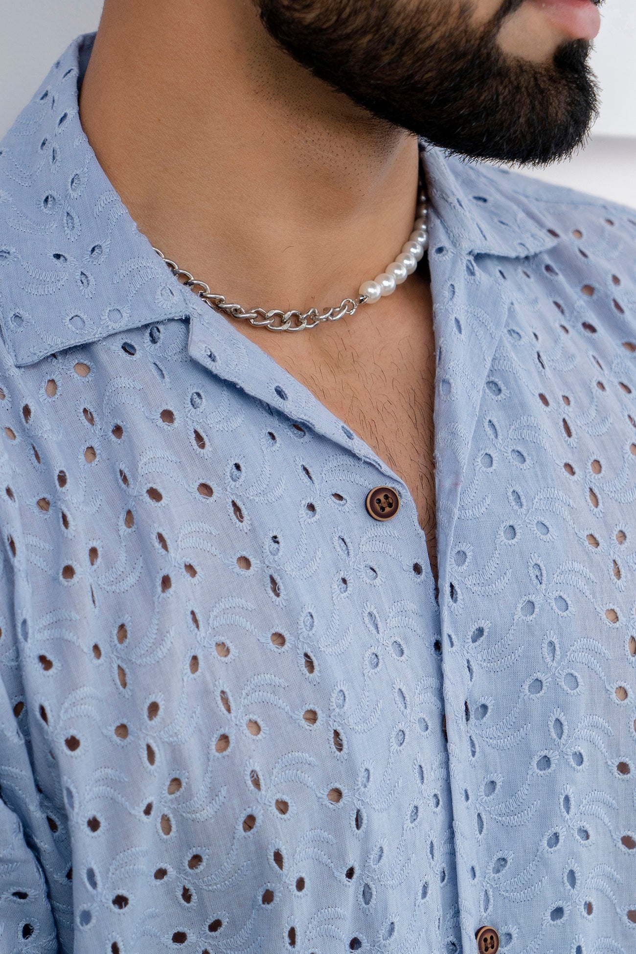 CUTWORK EMBROIDERY SHIRT BLUE WITH CAMP COLLAR