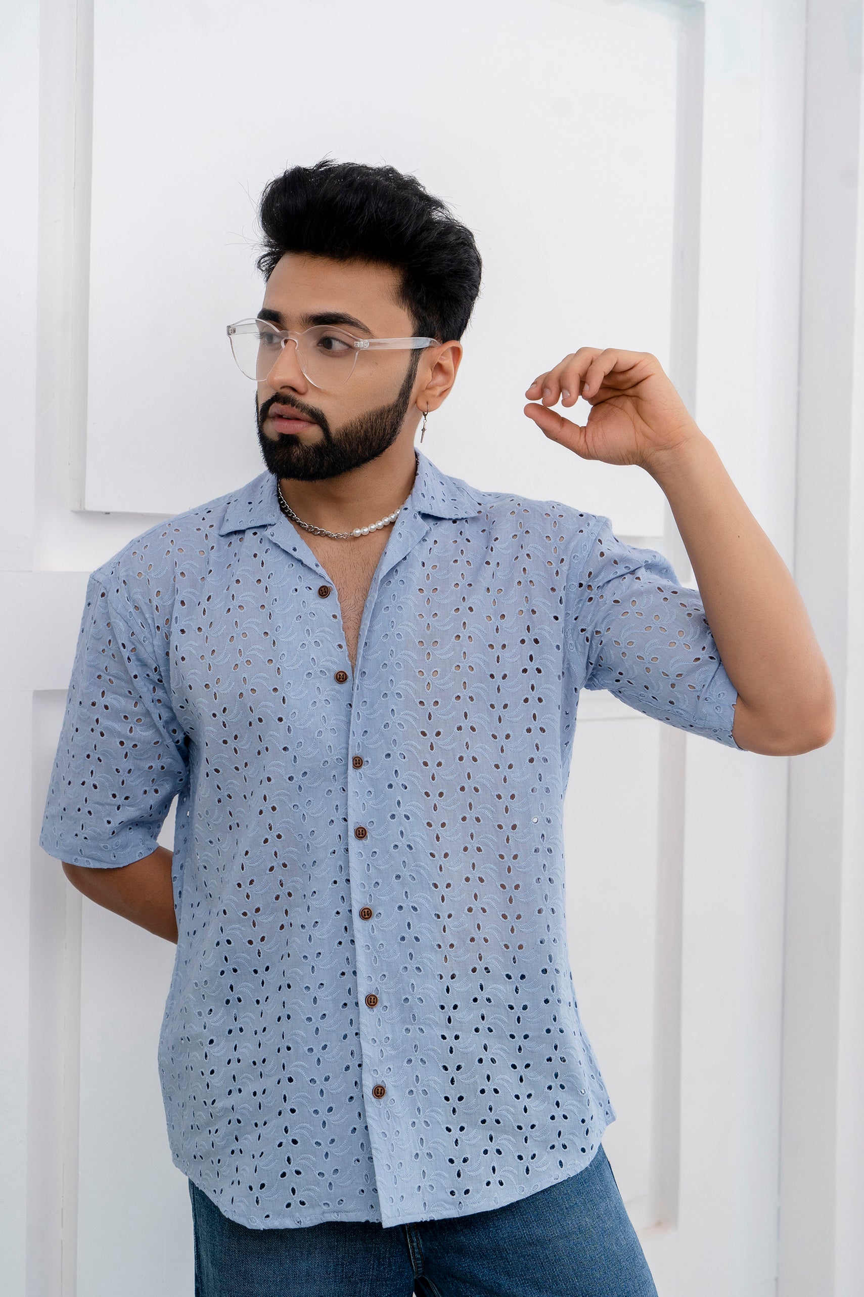 CUTWORK EMBROIDERY SHIRT BLUE WITH CAMP COLLAR