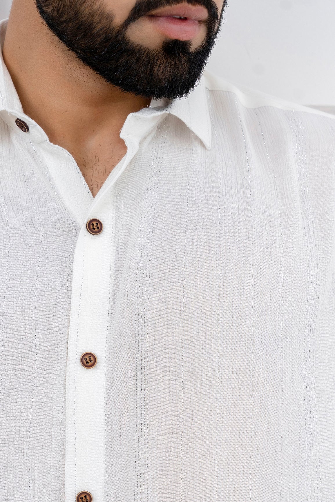Firangi Yarn Relaxed Fit Super Flowy Re-engineered Cotton Lurex- Half Sleeves Party Shirt White and Silver