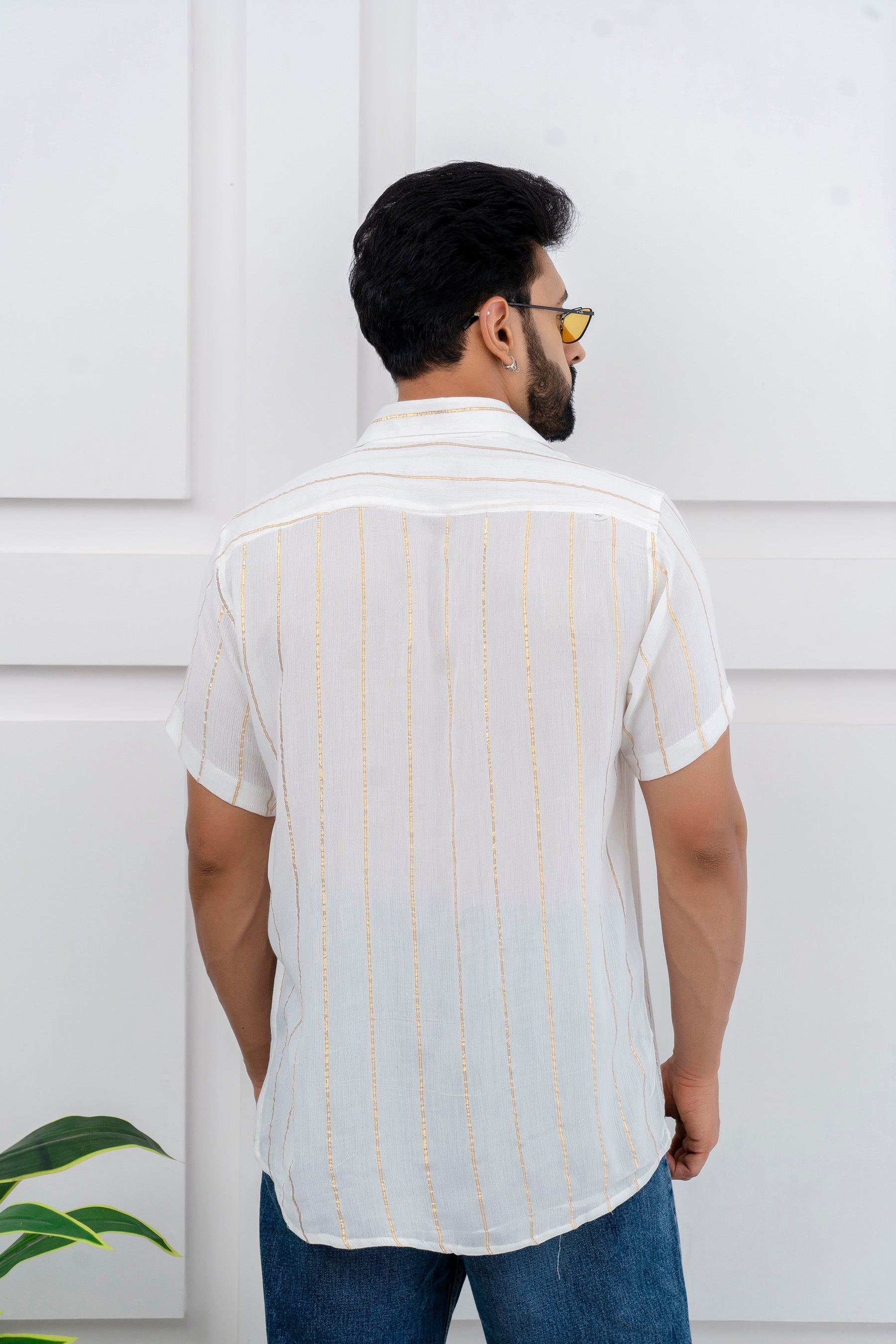 Firangi Yarn Relaxed Fit Super Flowy Re-engineered Cotton Lurex- Half Sleeves Party Shirt White and Gold