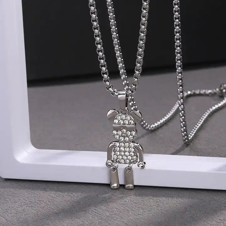 Hip hop punk long movable American diamond Bear pendant necklace jewellery for men