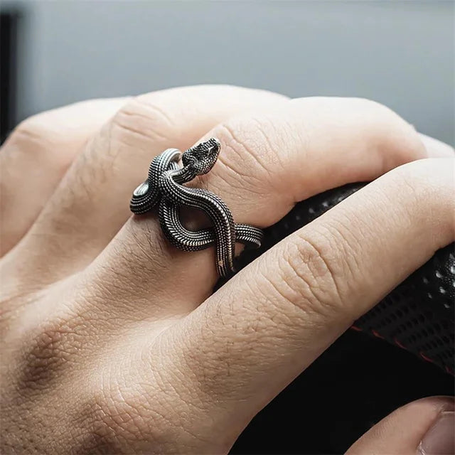 Firangi Yarn Adjustable Snake Ring For Men in Black