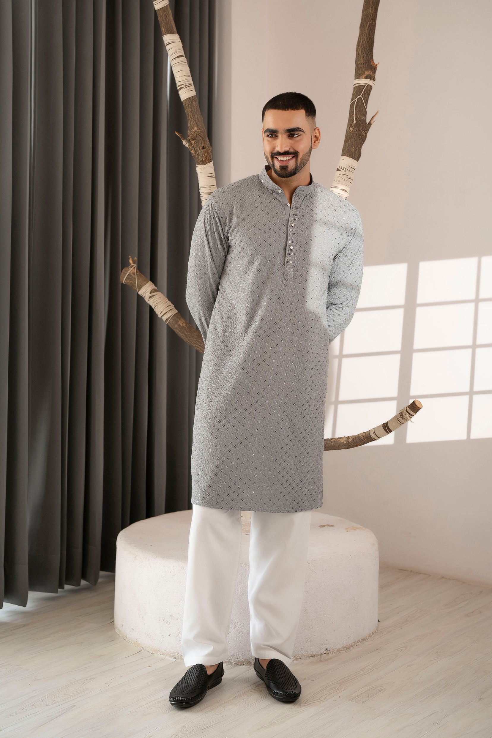 Firangi Yarn Lucknowi Lakhnavi Chikankari Sequin Work Cotton Kurta For Men Grey/Charcoal