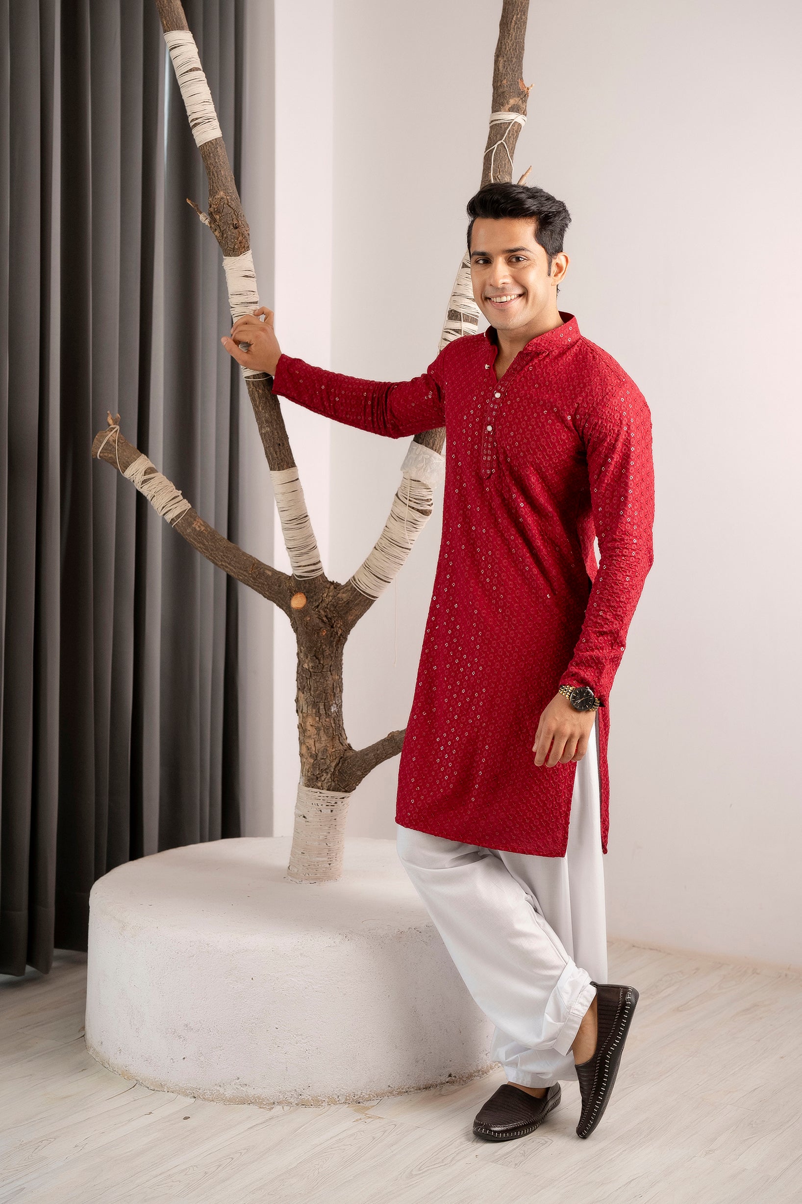 Firangi Yarn Lucknowi Lakhnavi Chikankari Sequin Work Cotton Kurta For Men Wine Red