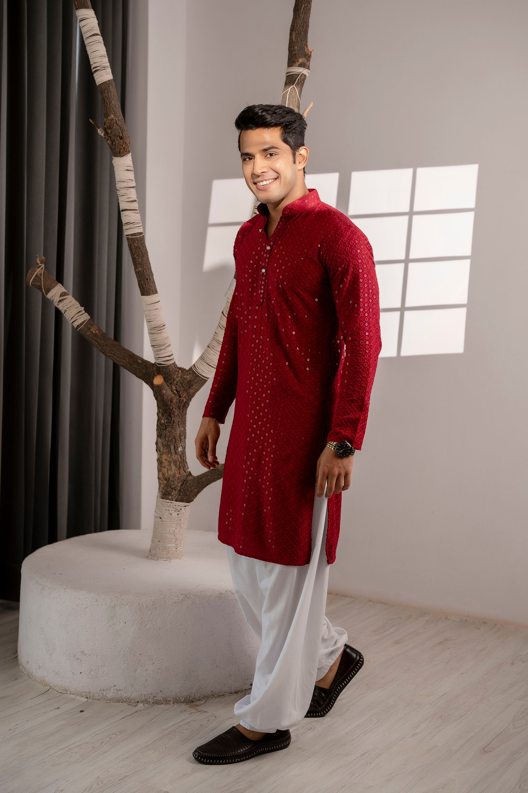Firangi Yarn Lucknowi Lakhnavi Chikankari Sequin Work Cotton Kurta For Men Wine Red