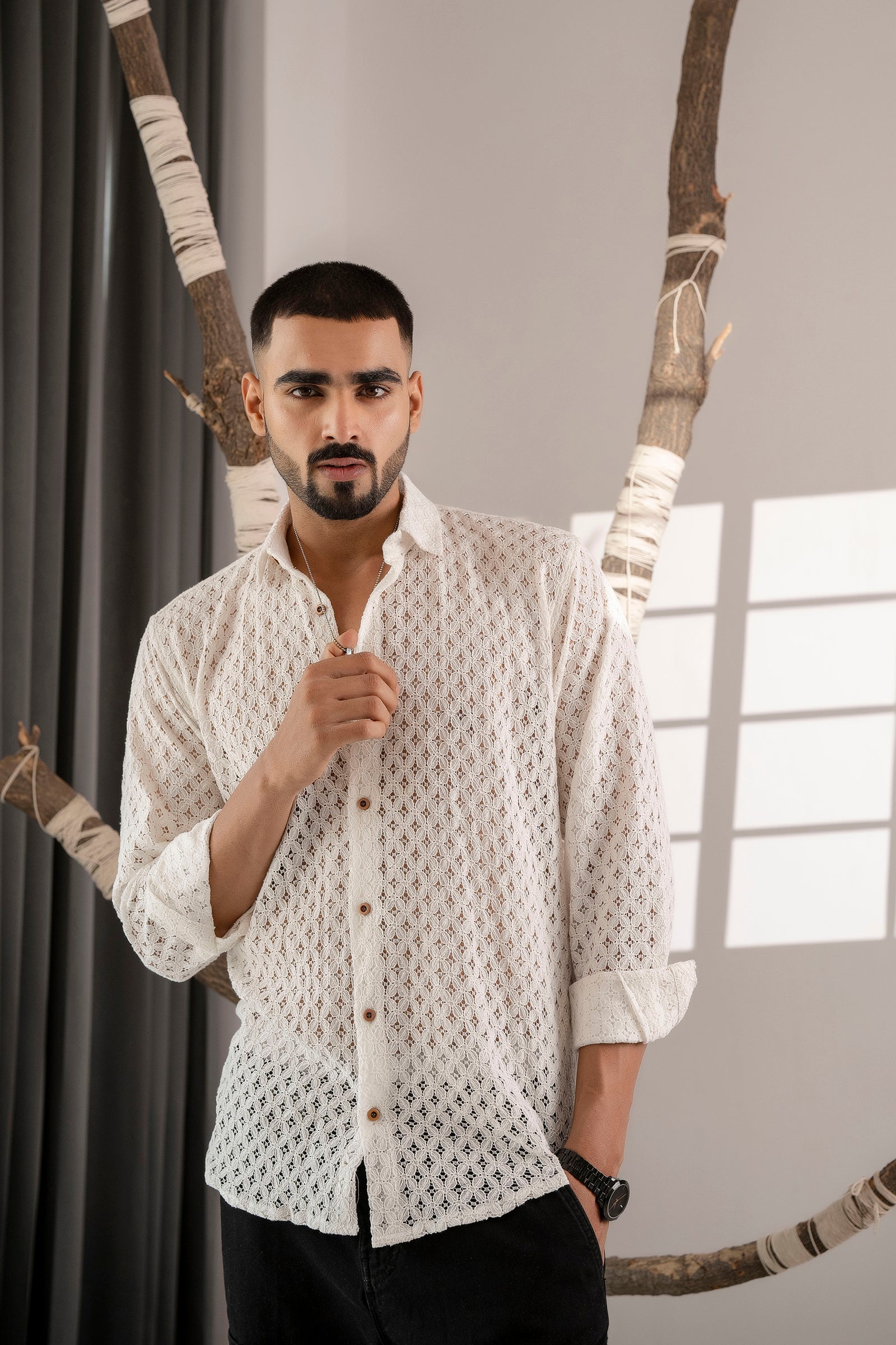Firangi Yarn Crochet Cotton White Lace Shirt For Men - Full Sleeves