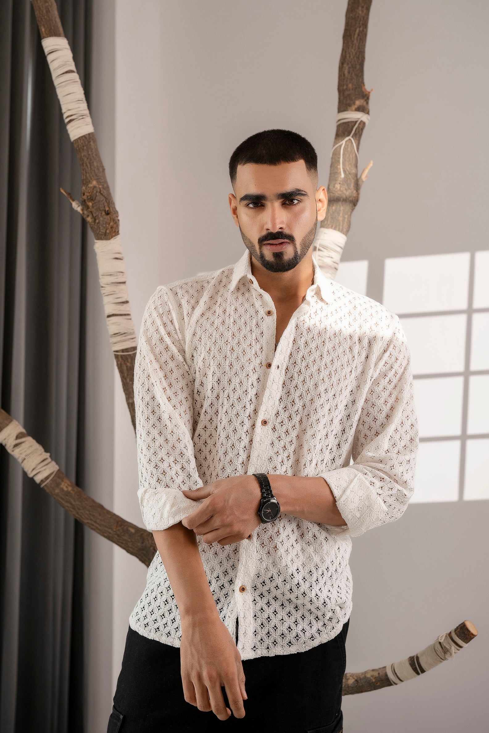 Firangi Yarn Crochet Cotton White Lace Shirt For Men - Full Sleeves