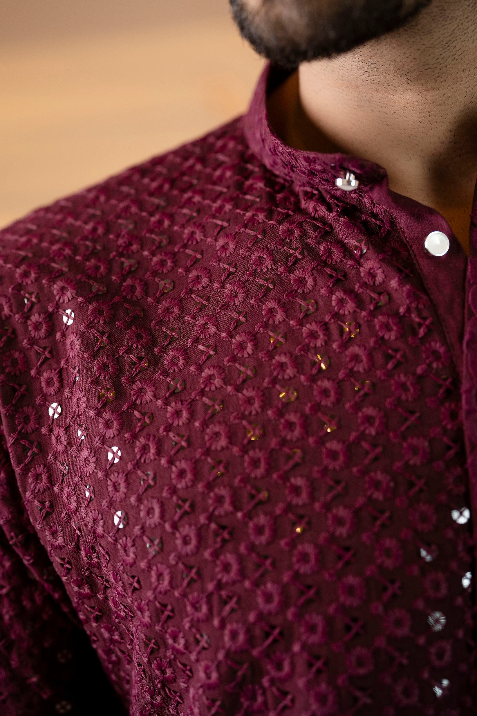 Firangi Yarn Lucknowi Lakhnavi Chikankari Sequin Work Cotton Kurta For Men Sangria Violet Color