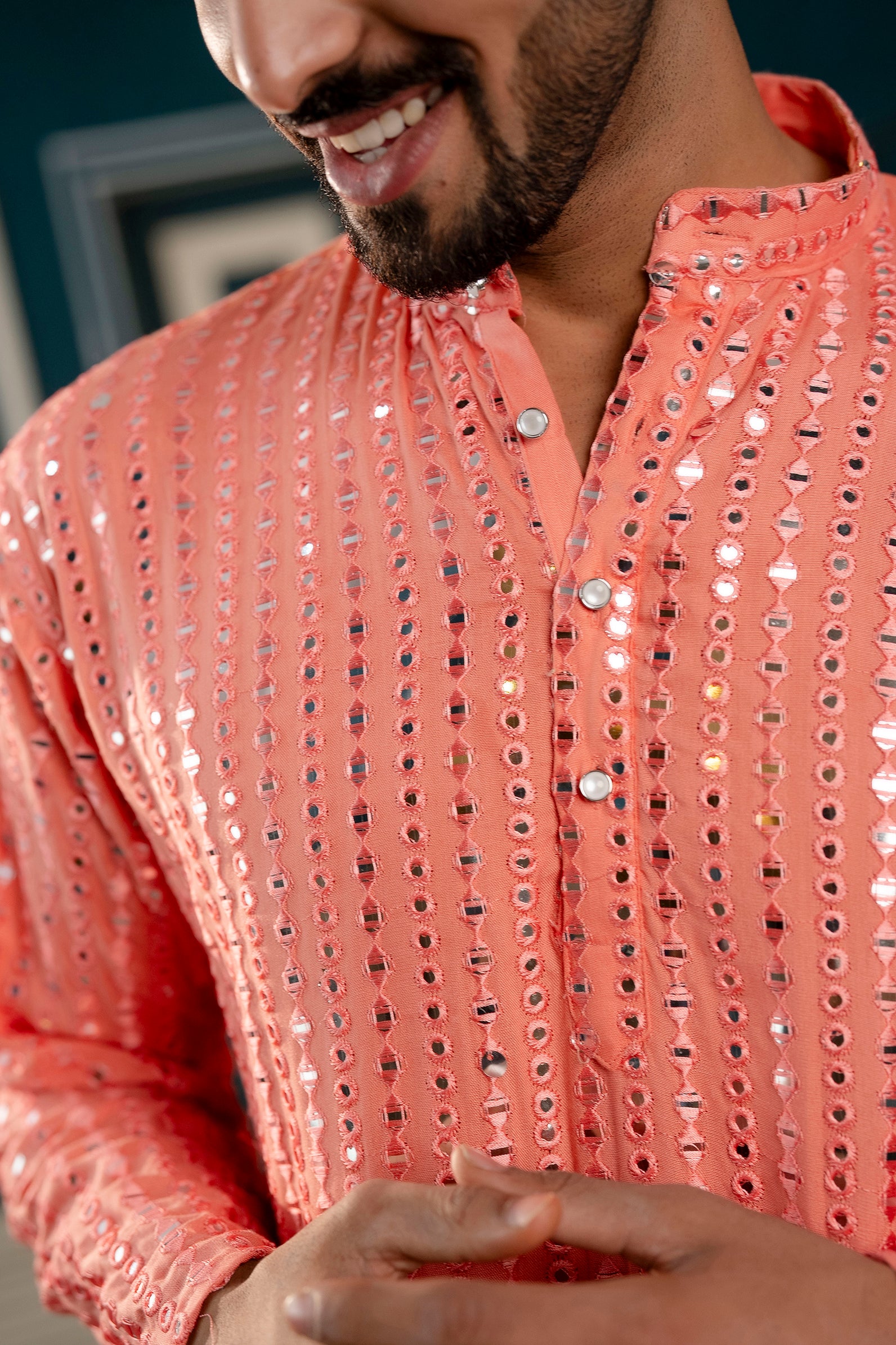 Kaleji Pink Firangi Yarn Chikan & Mirror Work Cotton Kurta For Men