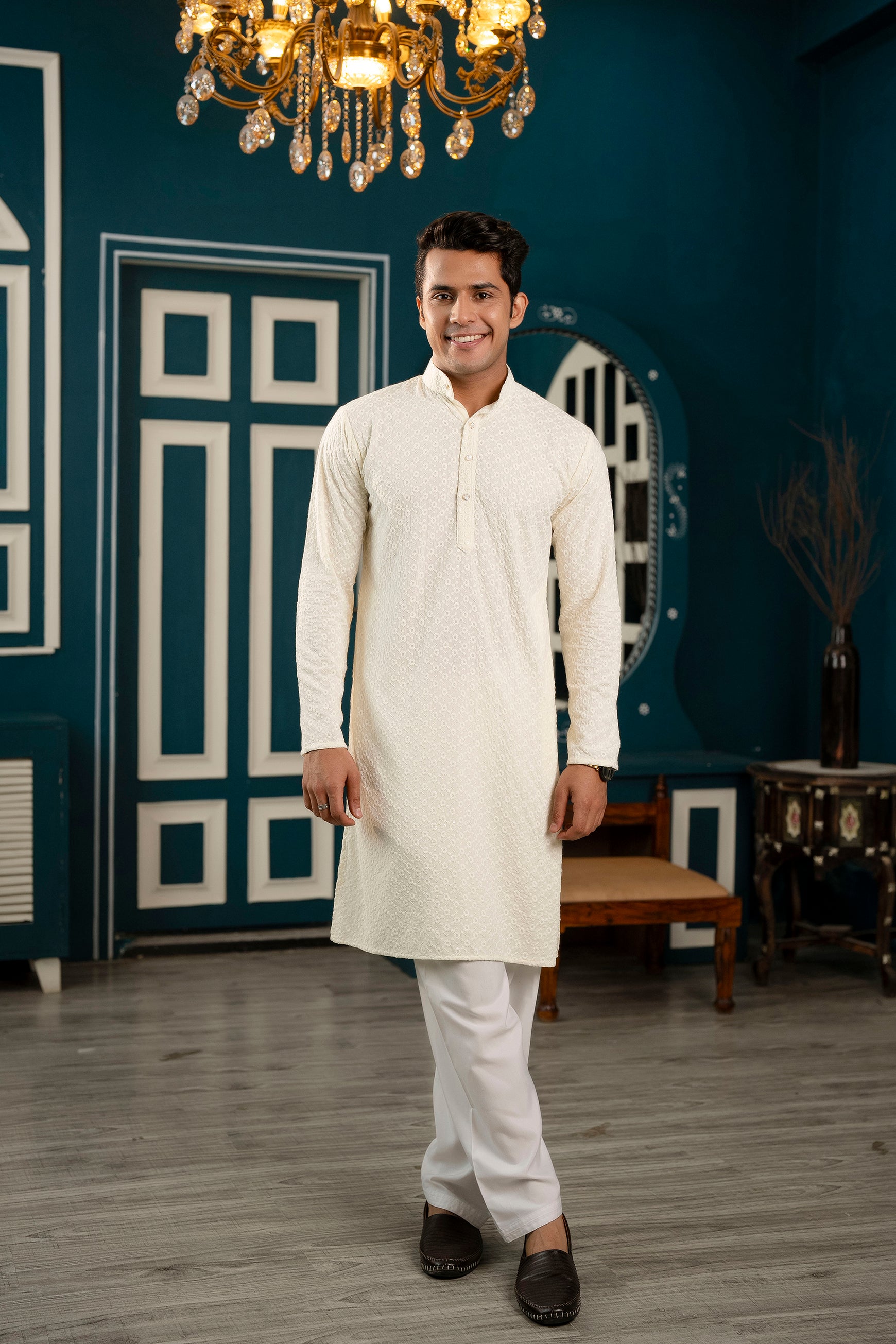 Firangi Yarn Lucknowi Lakhnavi Chikankari Sequin Work Cotton Kurta For Men Off White Pearl