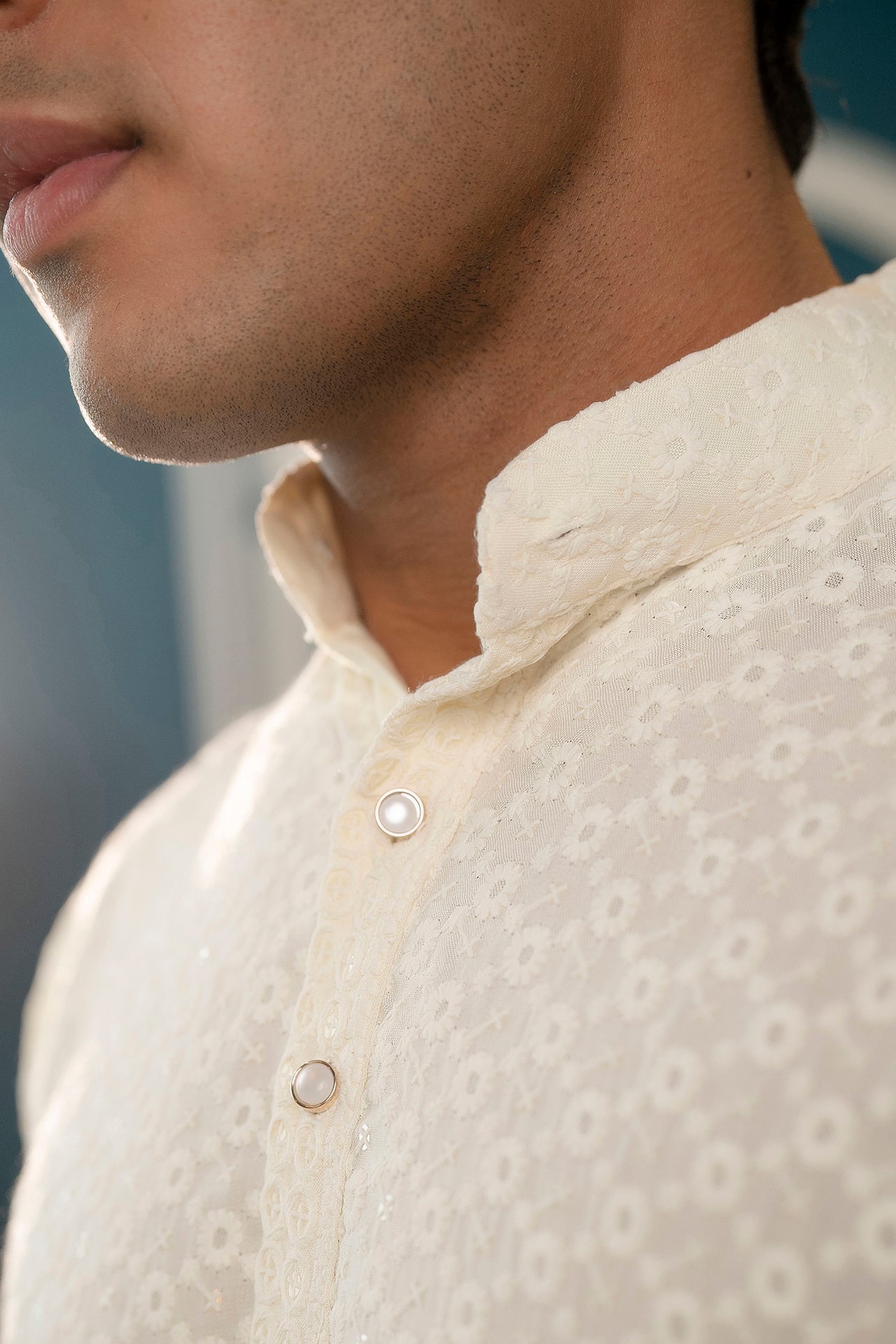 Firangi Yarn Lucknowi Lakhnavi Chikankari Sequin Work Cotton Kurta For Men Off White Pearl