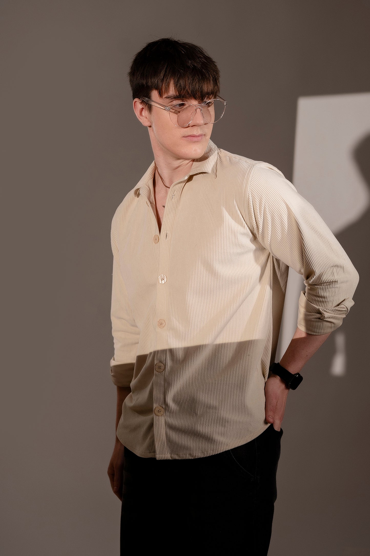 Firangi Yarn Beige Men's Full Sleeve Velvet Corduroy Shirt/Overshirt