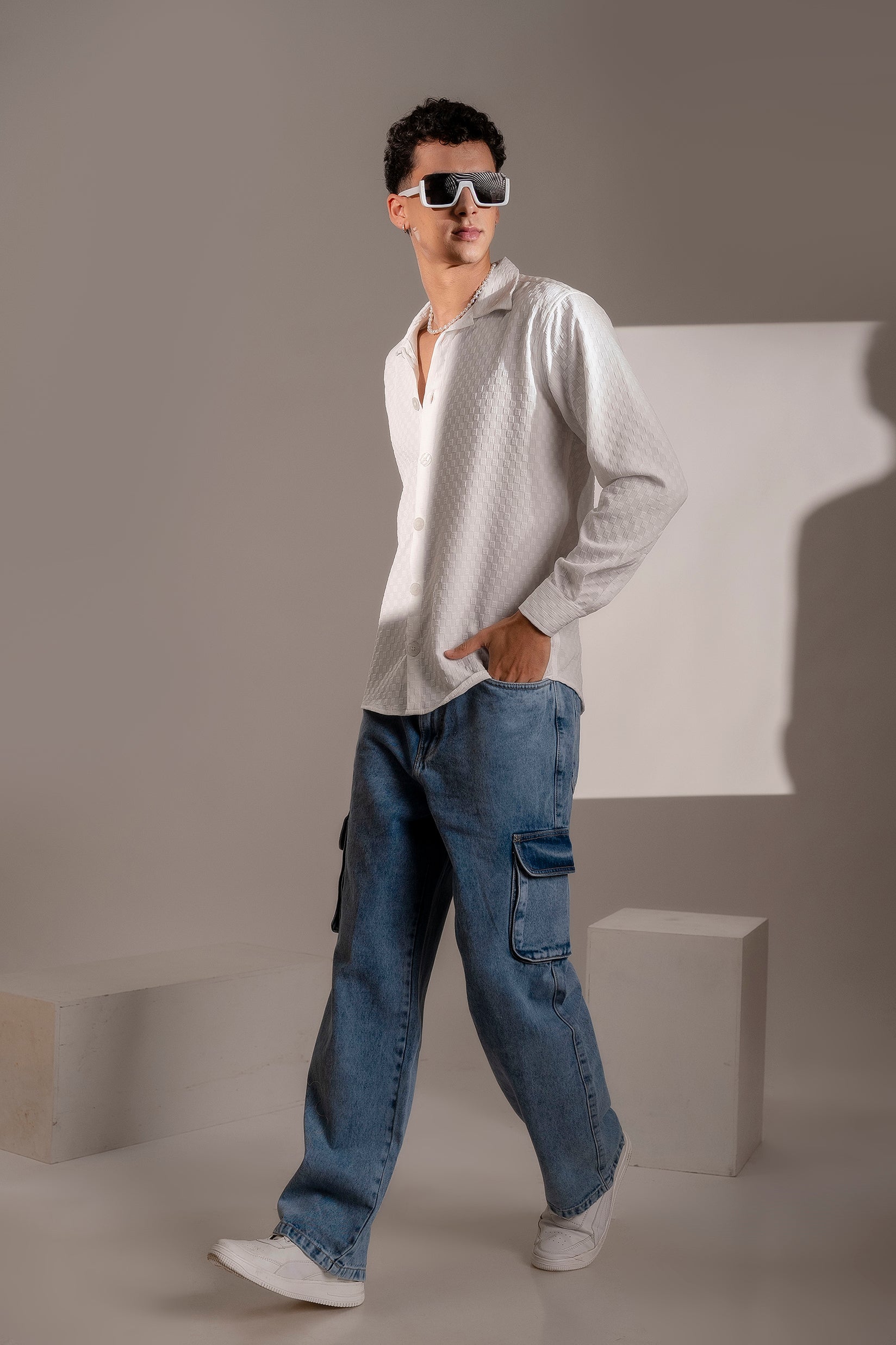 Firangi Yarn Men's Full Sleeve Bubble Cube Self Design Shirt White