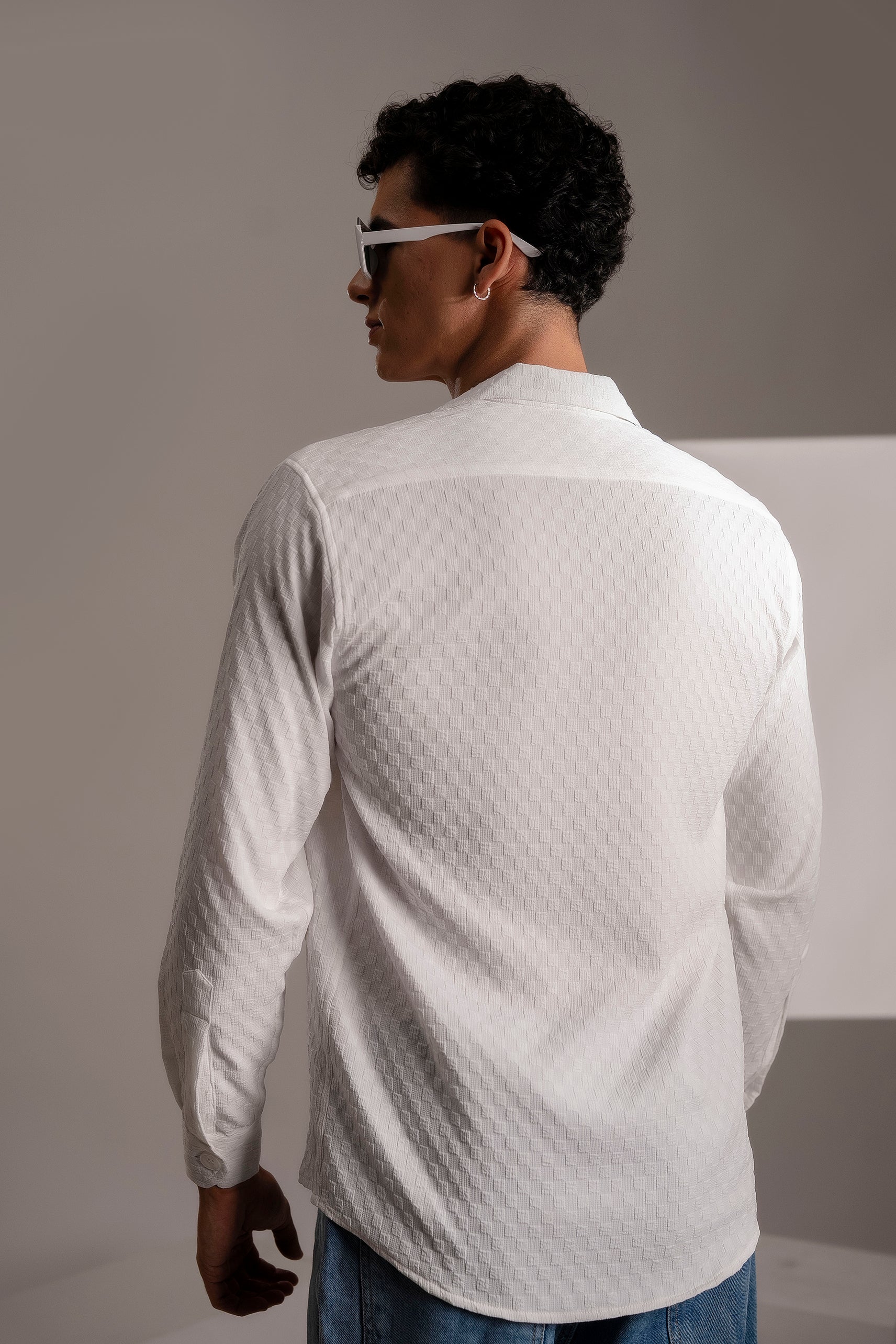 Firangi Yarn Men's Full Sleeve Bubble Cube Self Design Shirt White