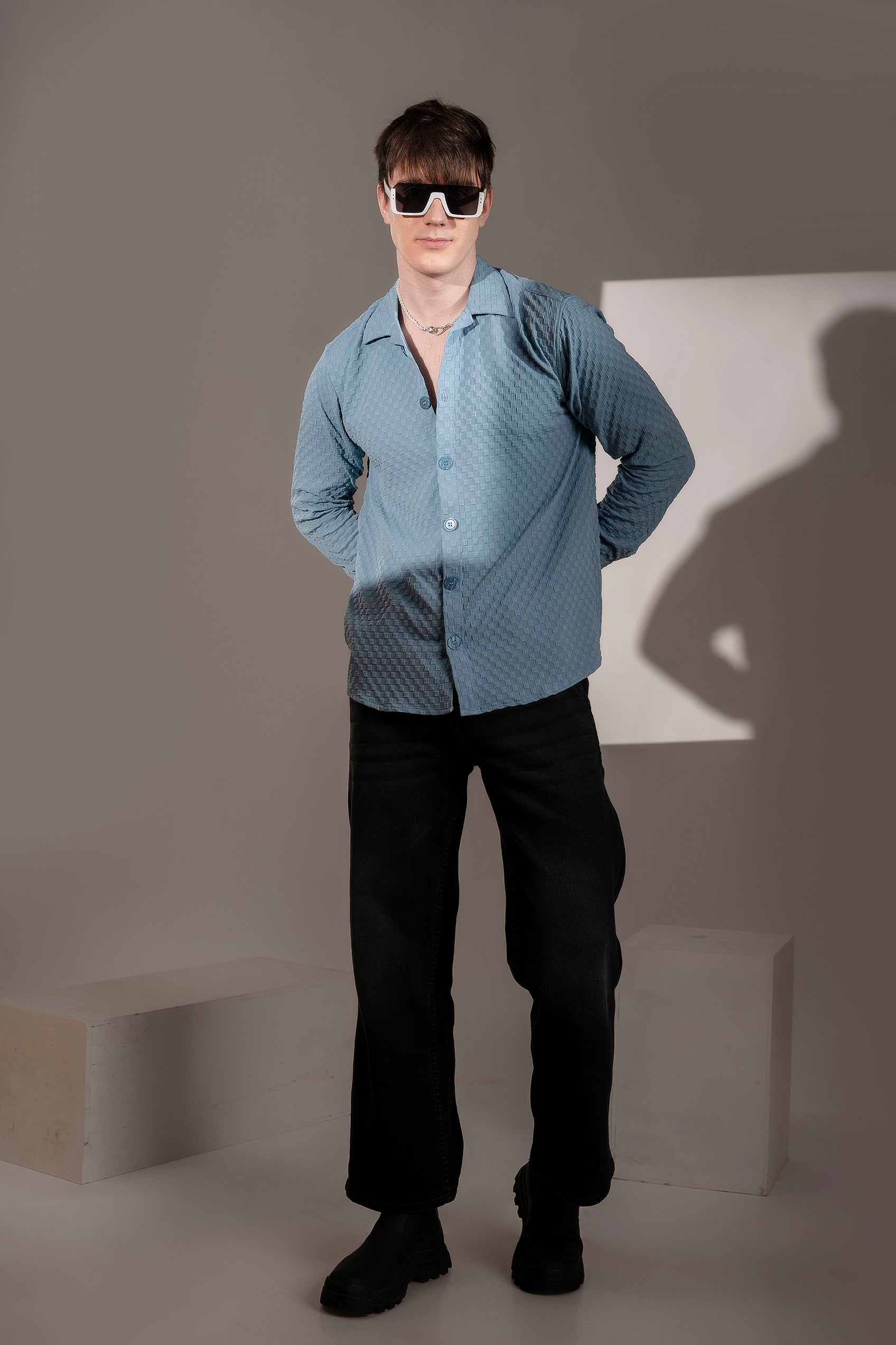 Firangi Yarn Men's Full Sleeve Bubble Cube Self Design Shirt Baby Blue