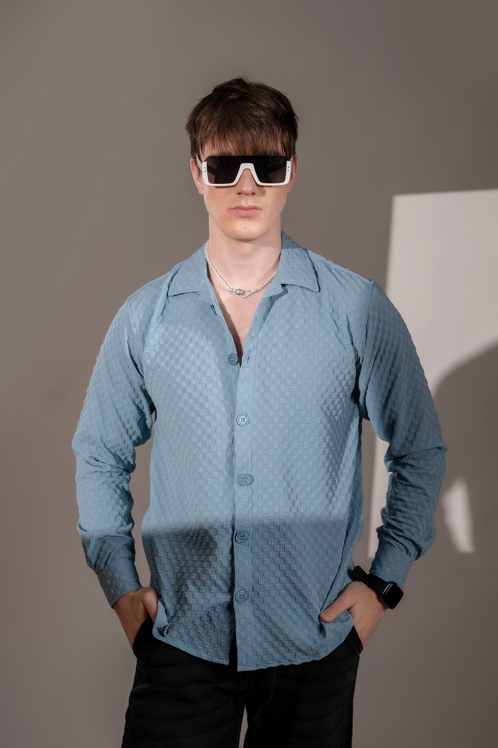 Firangi Yarn Men's Full Sleeve Bubble Cube Self Design Shirt Baby Blue