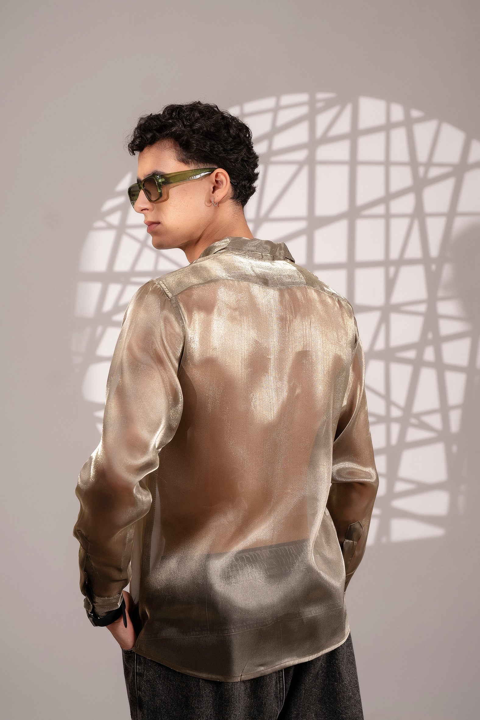 Firangi Yarn Spread Collar Sheer Shimmer Tissue Silk Party Shirt - Gold Dust