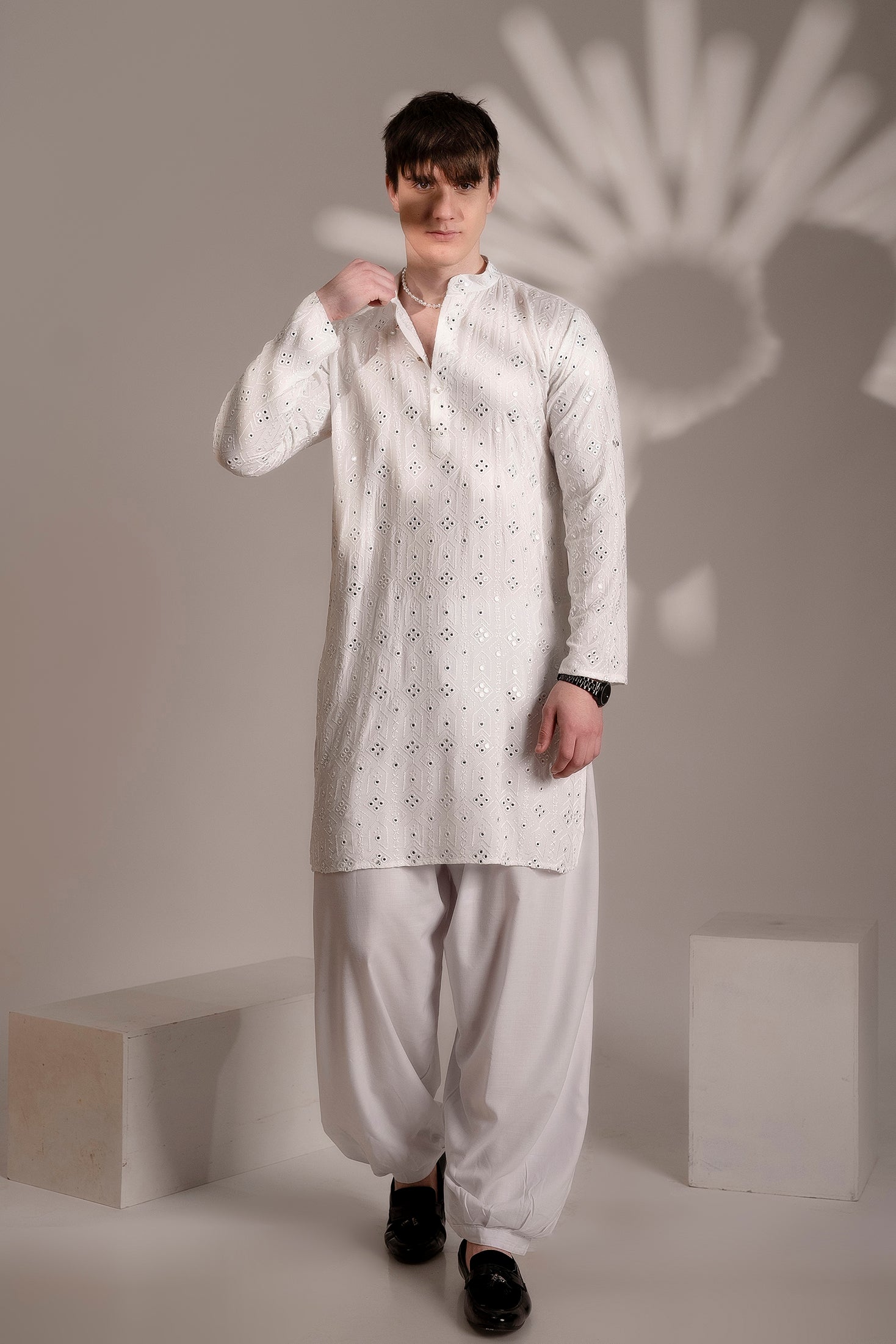 Firangi Yarn Chikan & Mirror Work Cotton Kurta For Men White