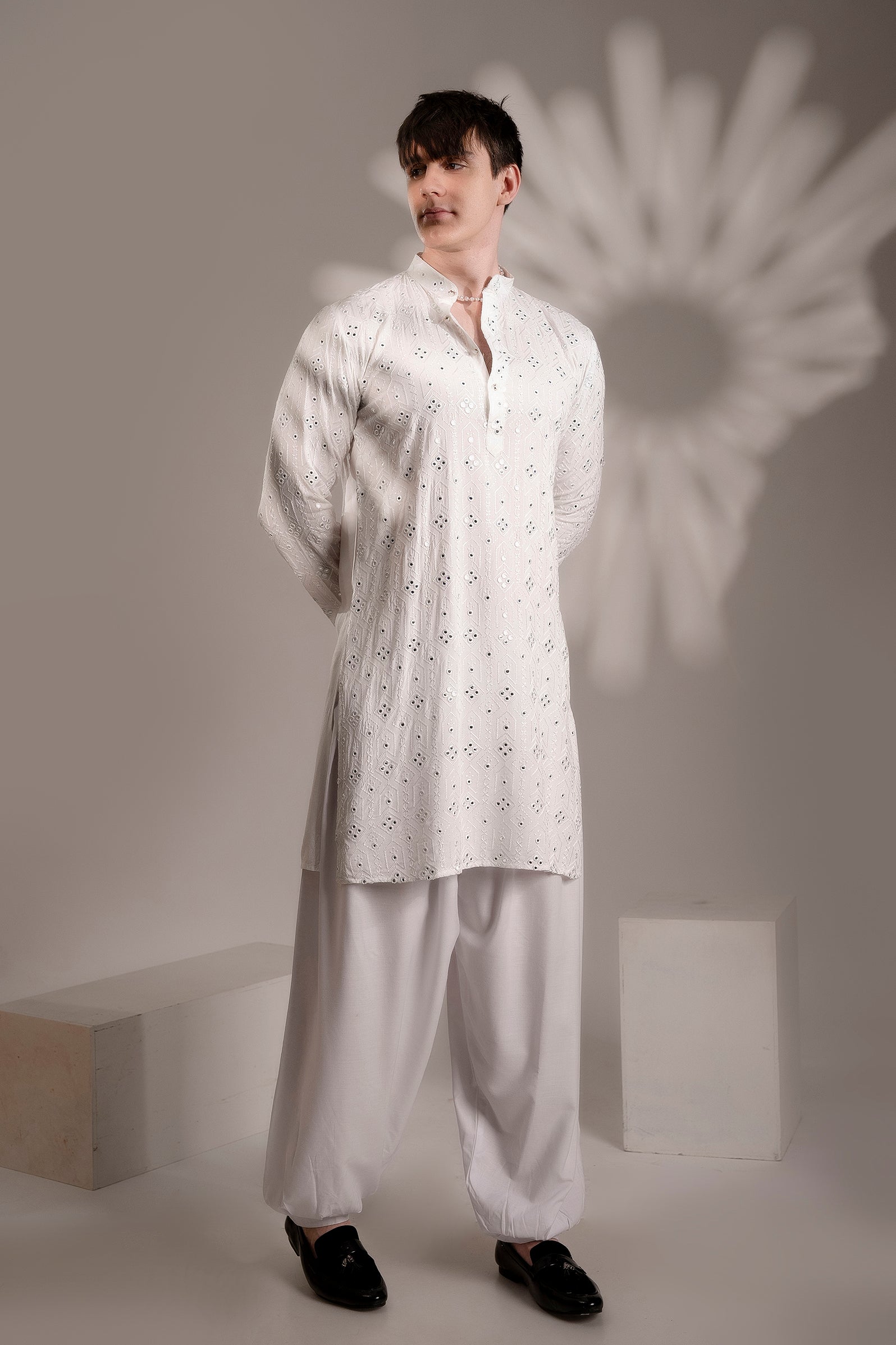 Firangi Yarn Chikan & Mirror Work Cotton Kurta For Men White