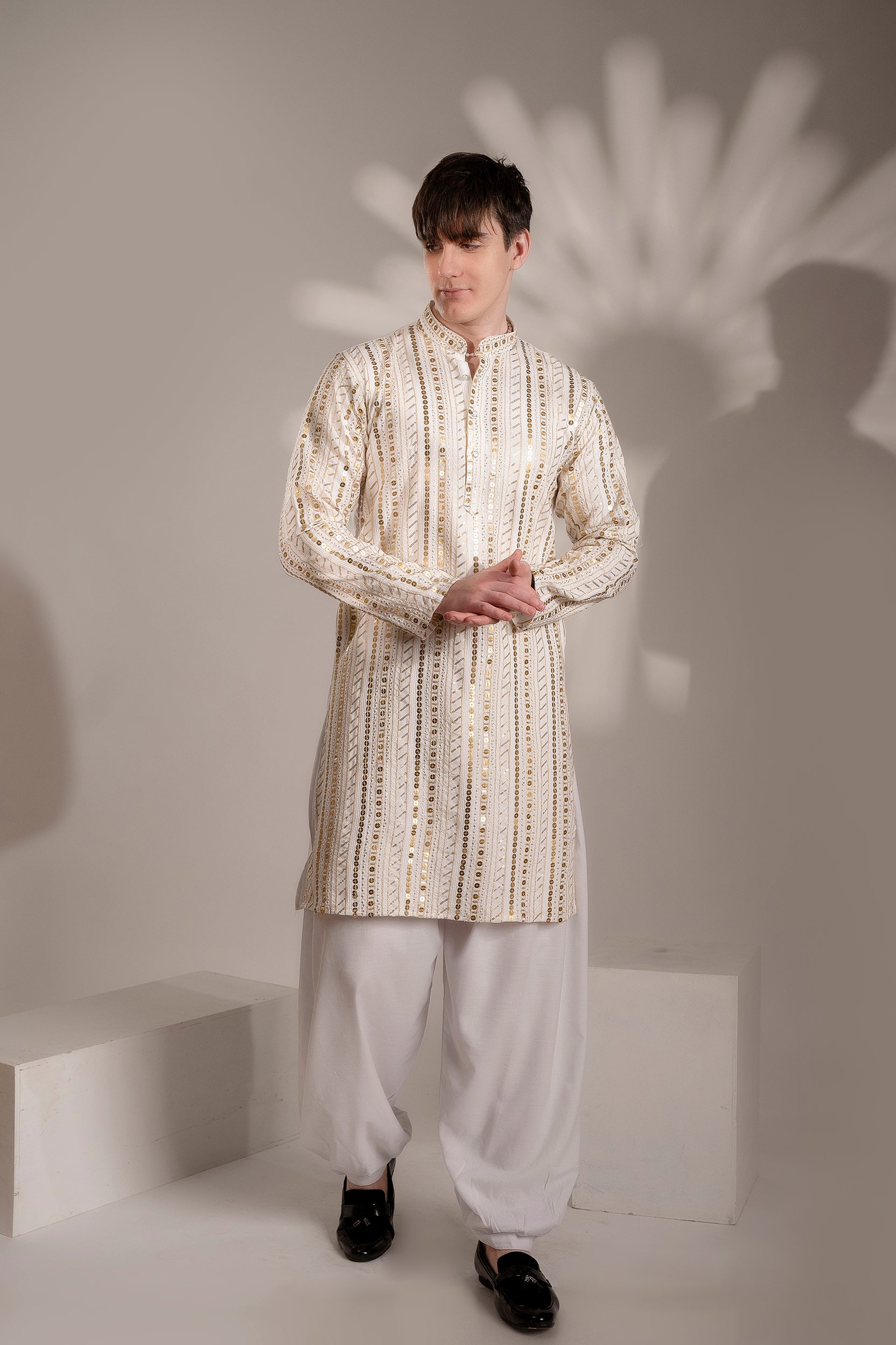 Firangi Yarn Cotton blend Sequin Work Wedding and Festive Kurta - Off White