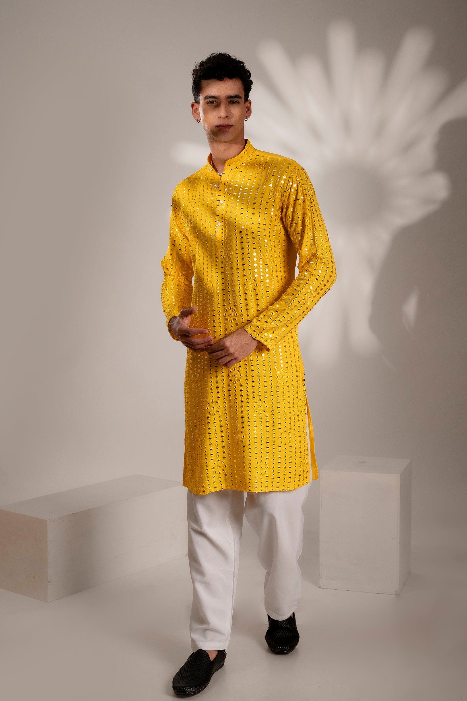 Firangi Yarn Cotton blend Mirror Work Wedding and Festive Kurta - Aam Ras Yellow