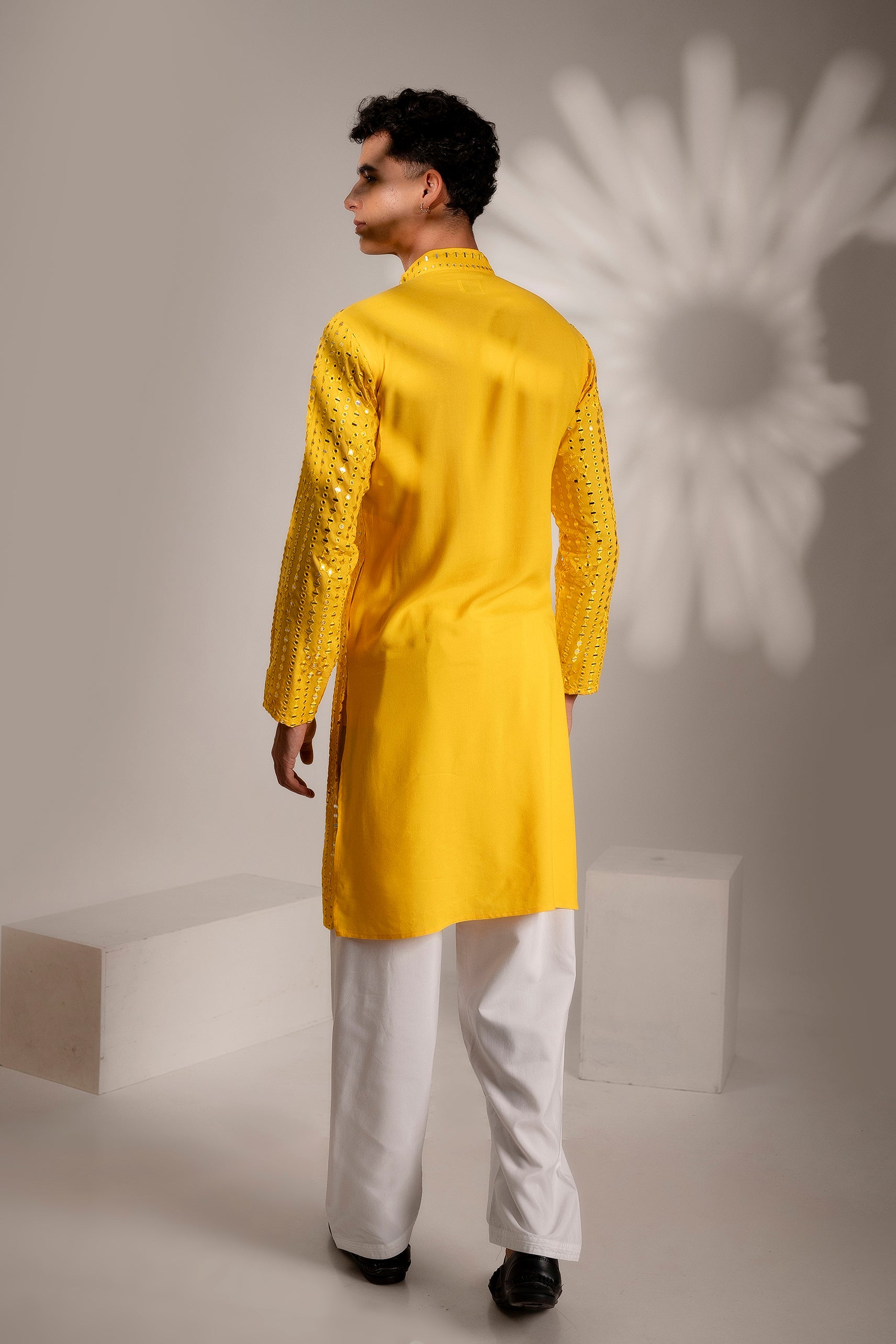 Firangi Yarn Cotton blend Mirror Work Wedding and Festive Kurta - Aam Ras Yellow