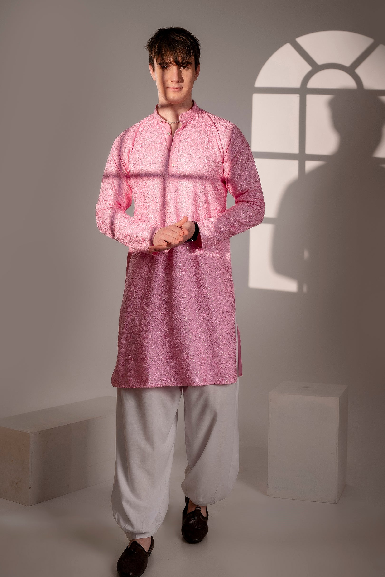 Firangi Yarn Cotton blend Lucknowi Chikankari Work Wedding and Festive Kurta -  Baby Pink