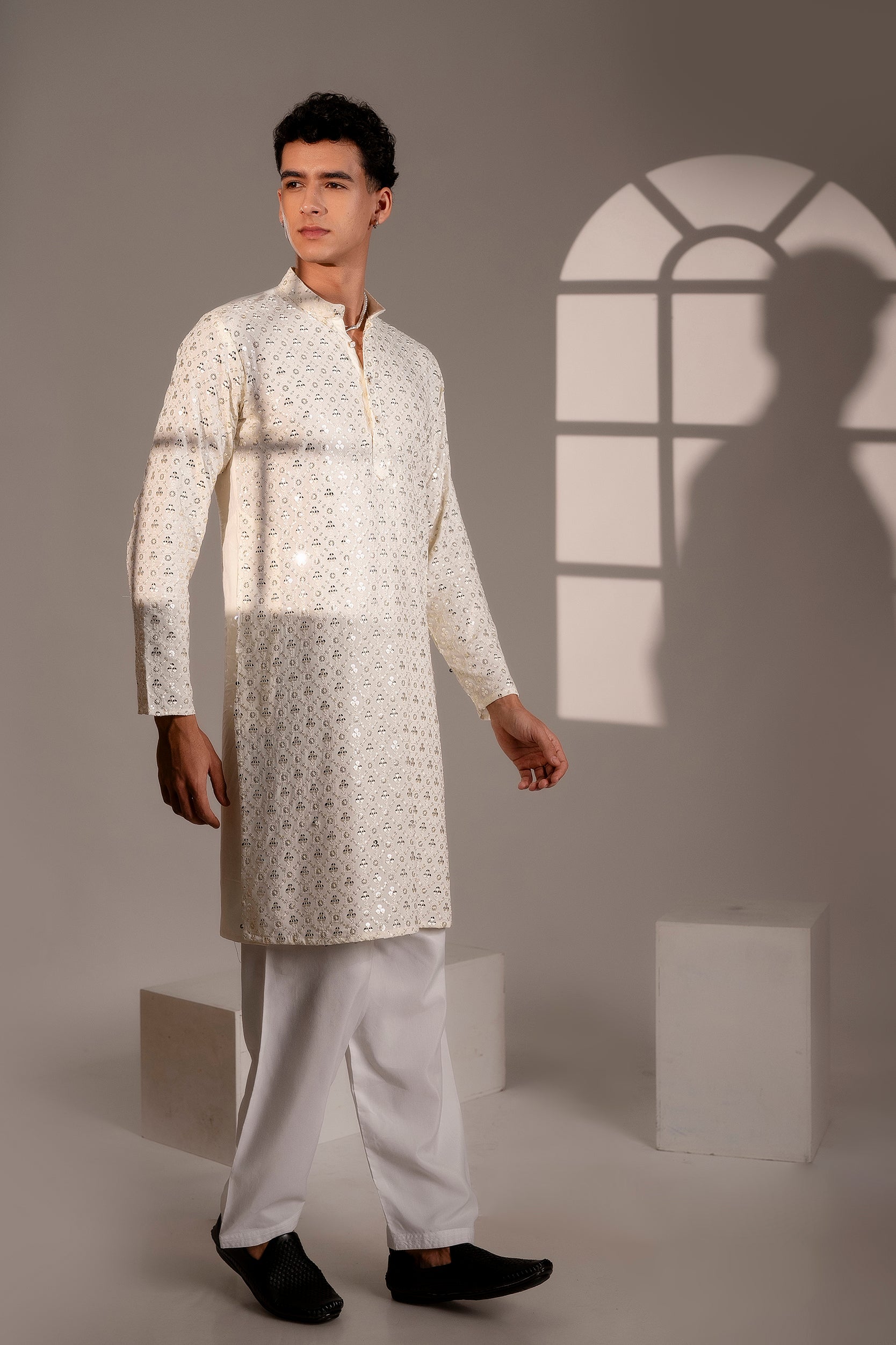 Firangi Yarn Cotton blend Mirror Work Wedding and Festive Kurta - Off White