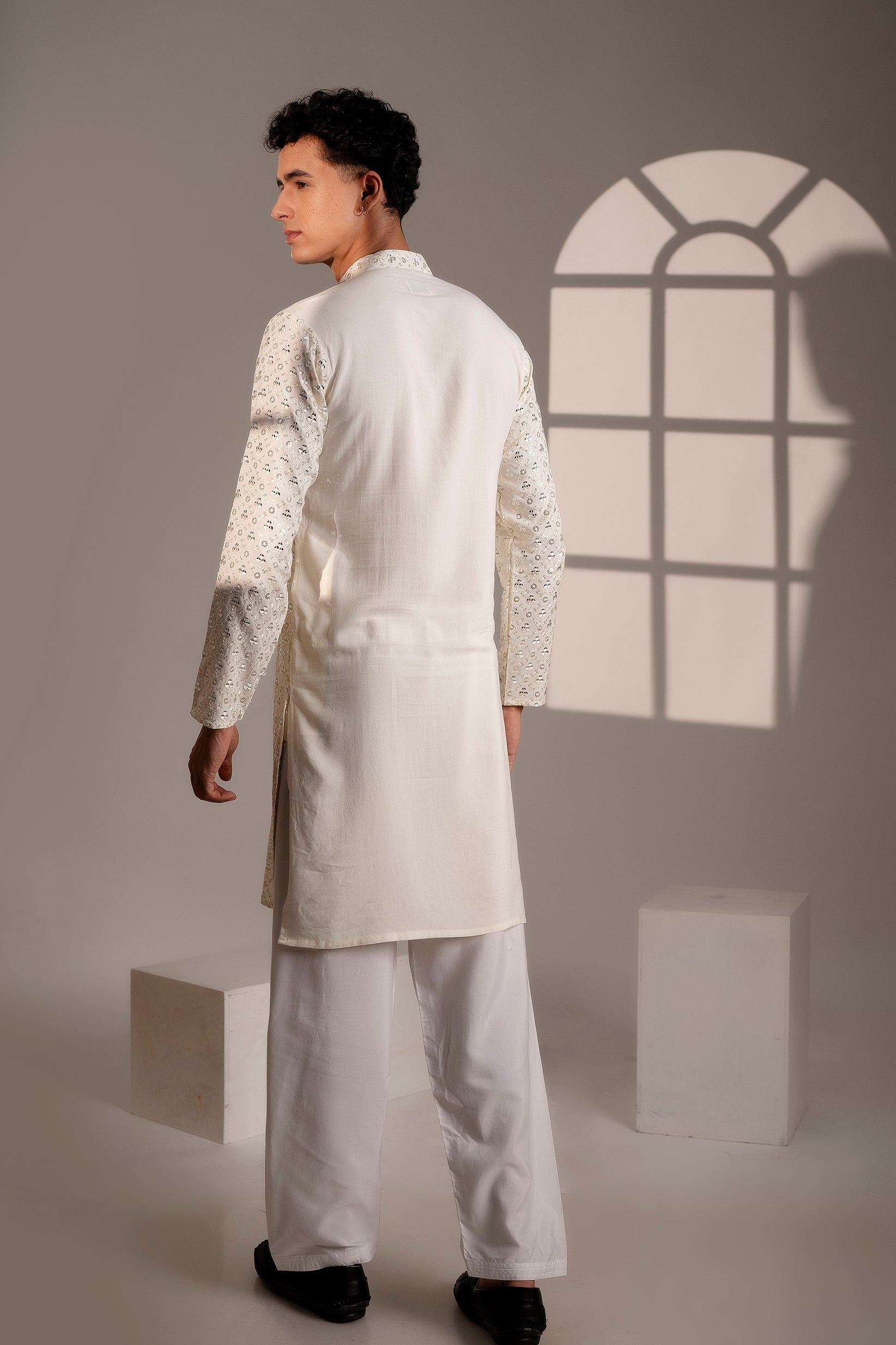 Firangi Yarn Cotton blend Mirror Work Wedding and Festive Kurta - Off White