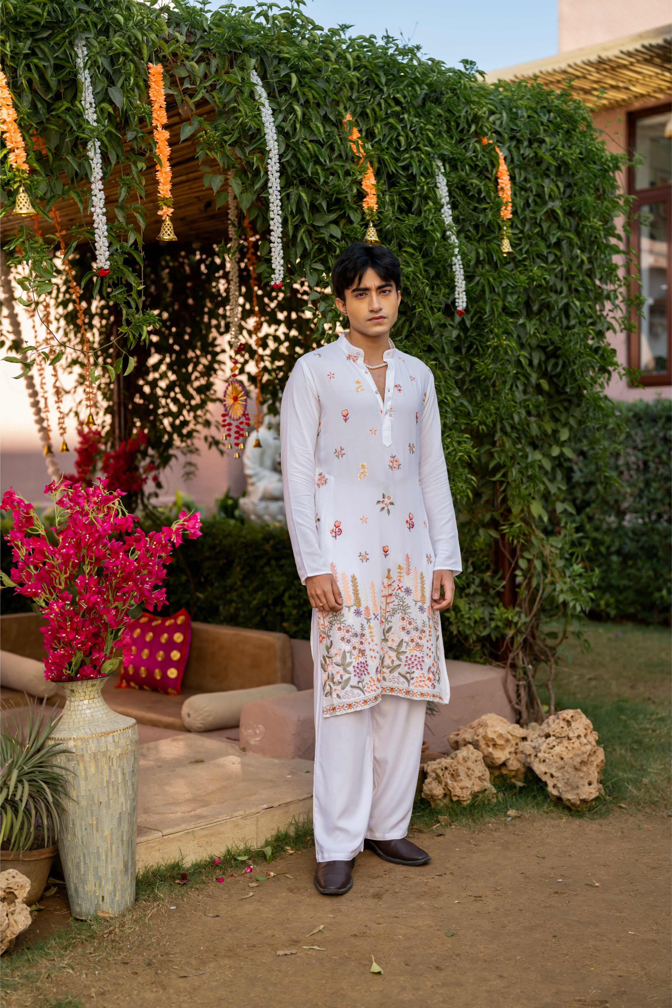 Firangi Yarn Cotton blend Botanical Thread and Sequin Work Embroidery with Sequence Wedding and Festive Kurta - Groomsmen White