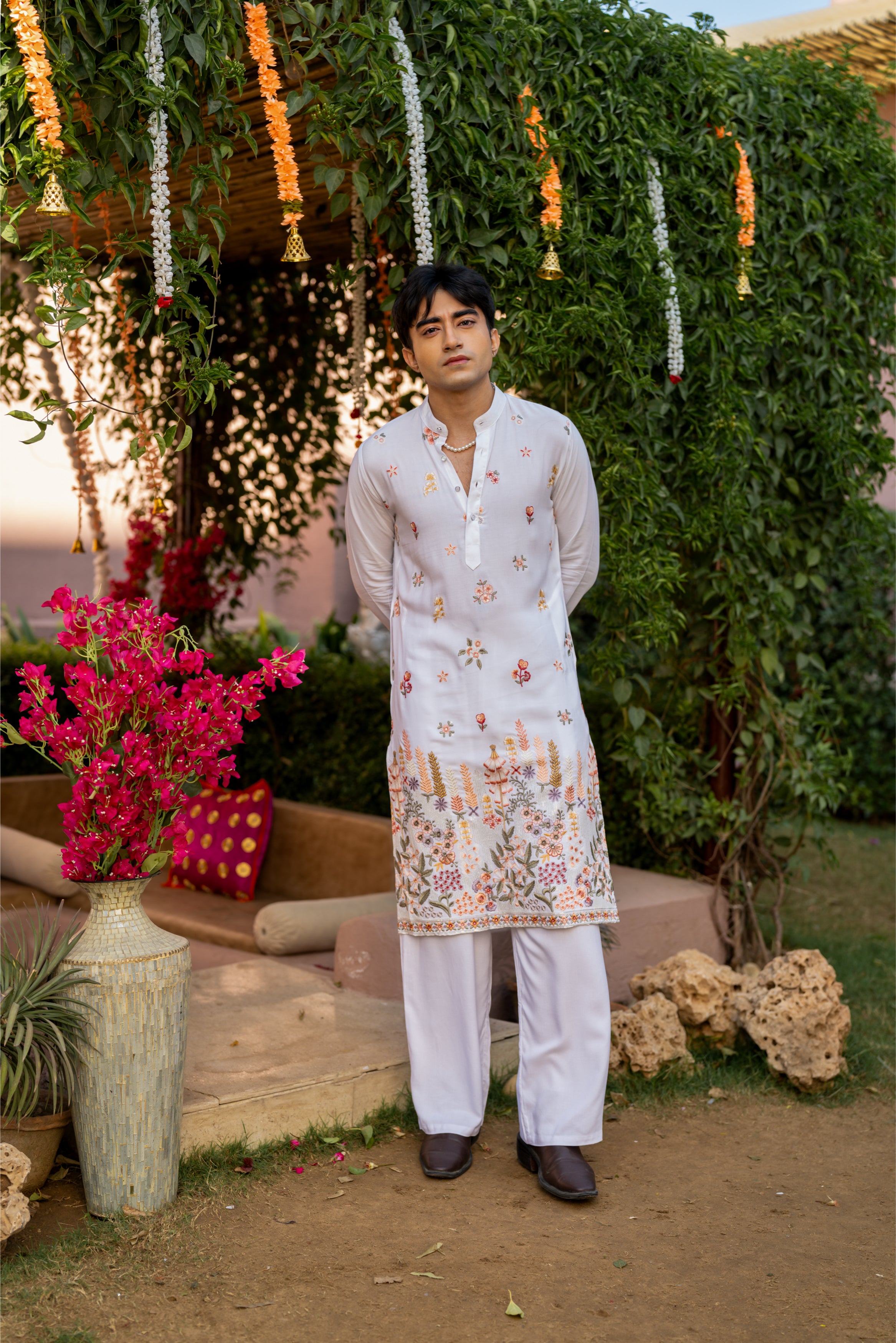 Firangi Yarn Cotton blend Botanical Thread and Sequin Work Embroidery with Sequence Wedding and Festive Kurta - Groomsmen White