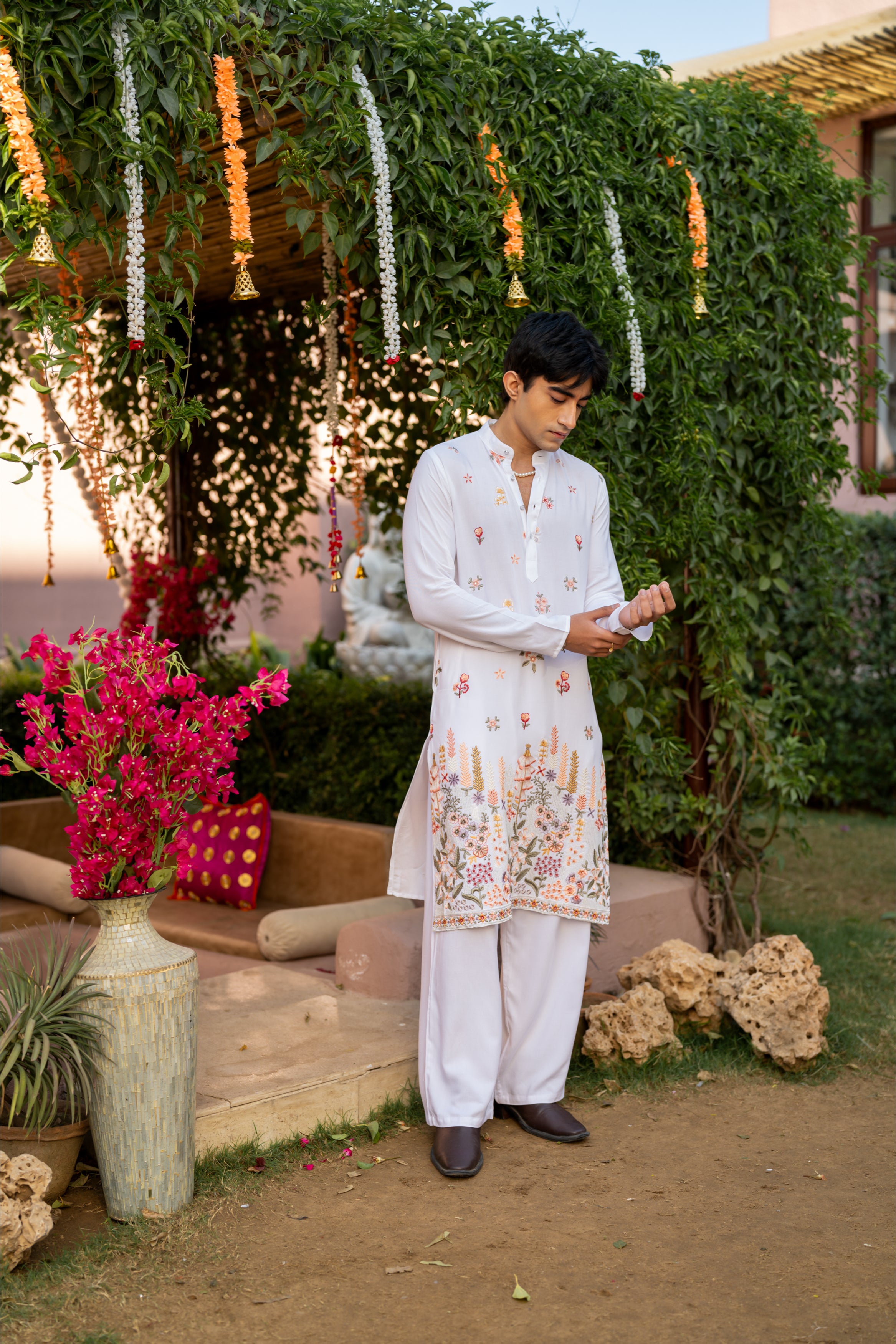 Firangi Yarn Cotton blend Botanical Thread and Sequin Work Embroidery with Sequence Wedding and Festive Kurta - Groomsmen White